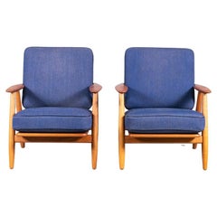 Midcentury Easy Chair Oak and Blue Fabric Hans Wegner GE-240
