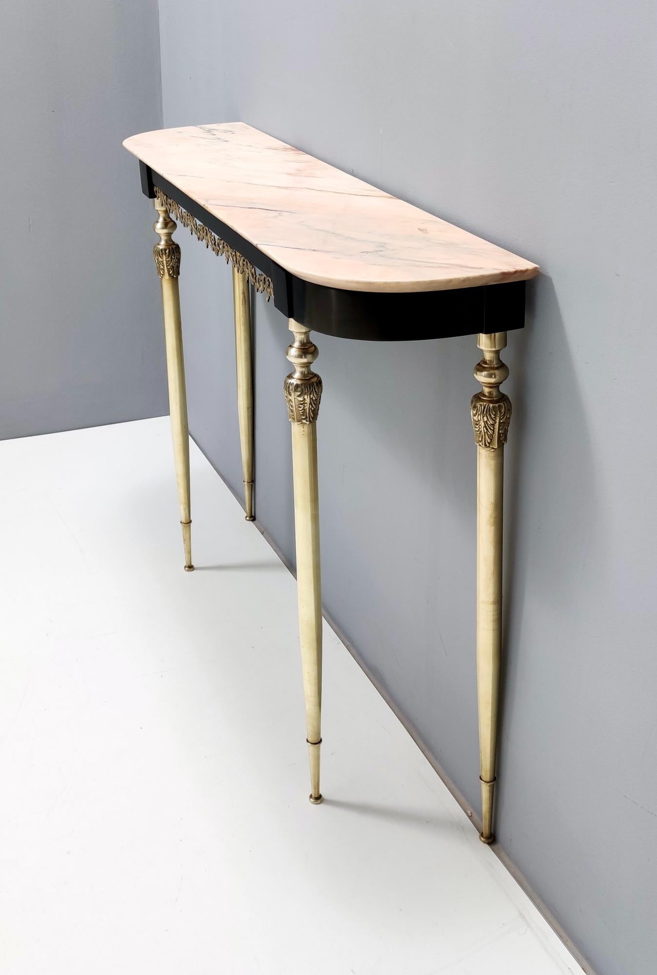 Mid-20th Century Ebonized Beech and Brass Console Table with a Portuguese Pink Marble Top, Italy For Sale