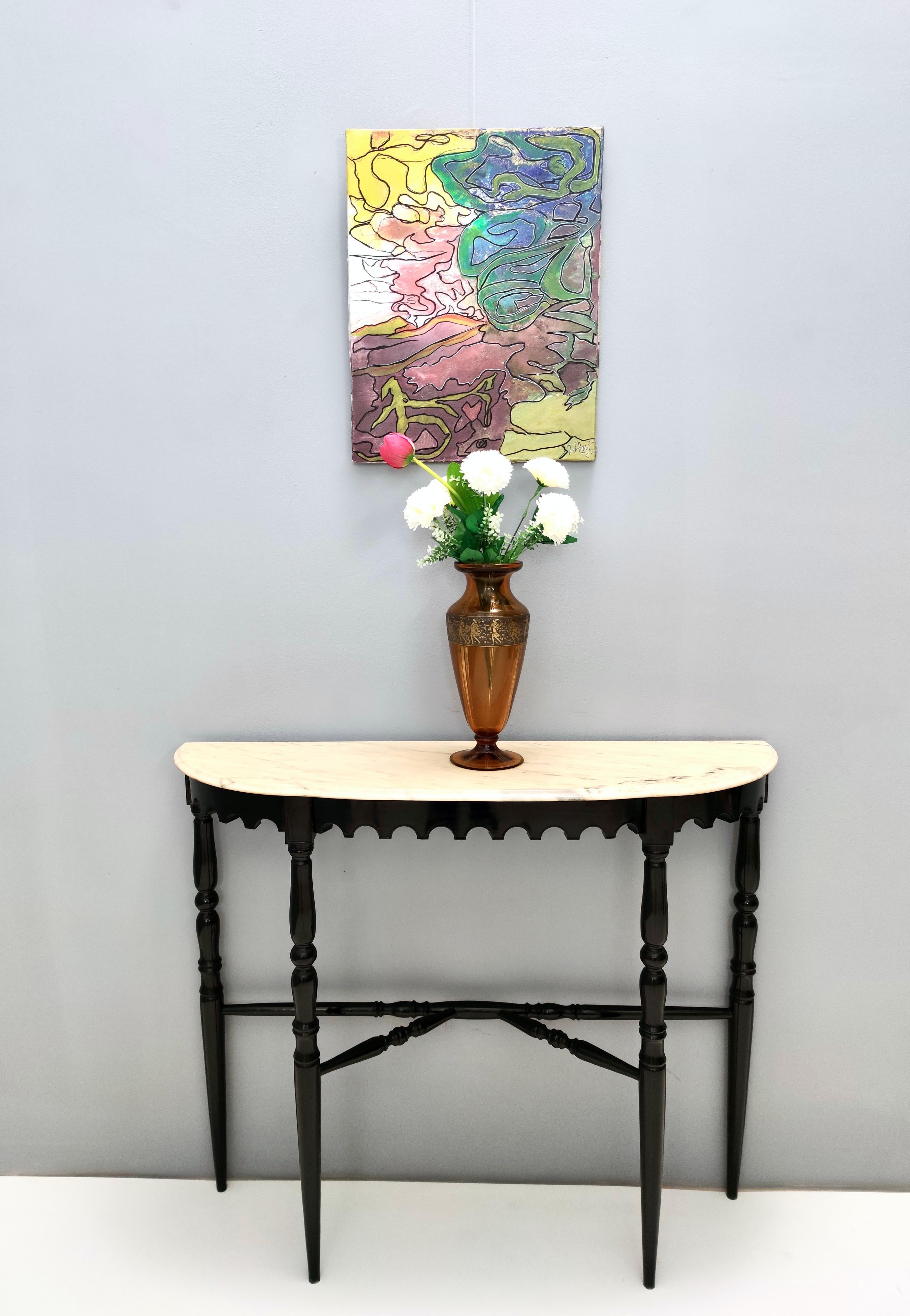 Mid-Century Modern Vintage Ebonized Beech Console with a Demilune Portuguese Pink Marble Top, Italy