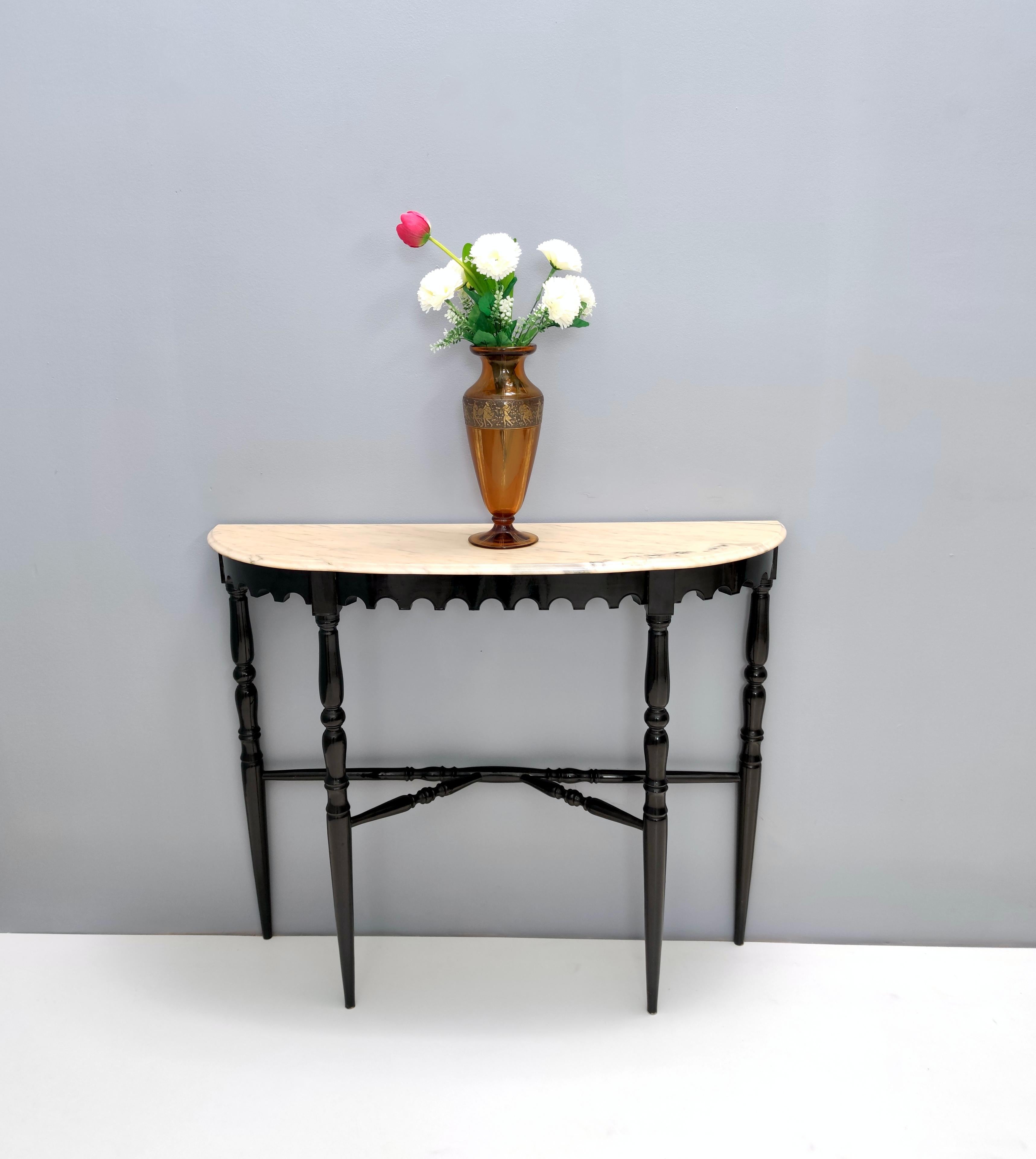 Italian Vintage Ebonized Beech Console with a Demilune Portuguese Pink Marble Top, Italy