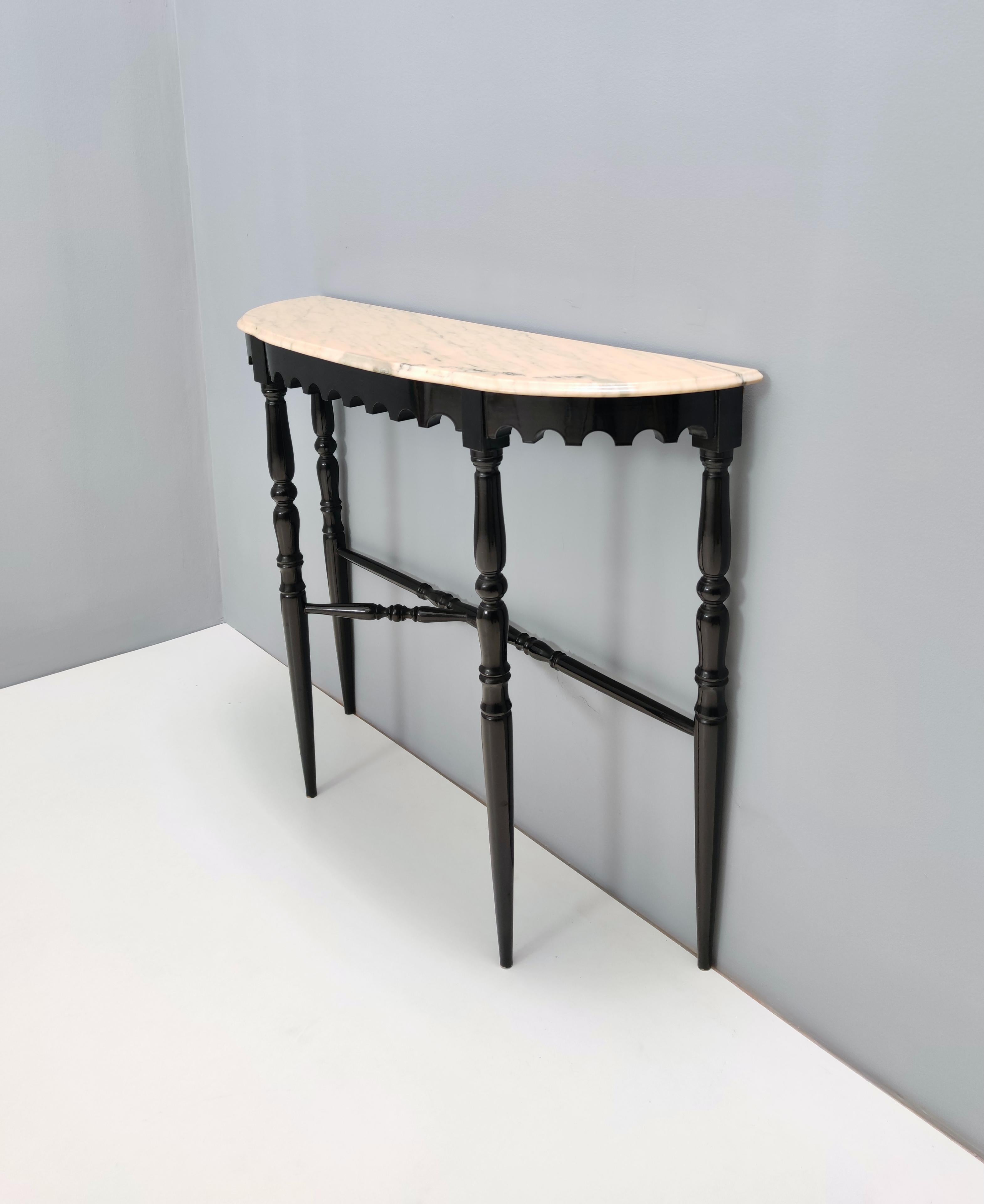 Mid-20th Century Vintage Ebonized Beech Console with a Demilune Portuguese Pink Marble Top, Italy