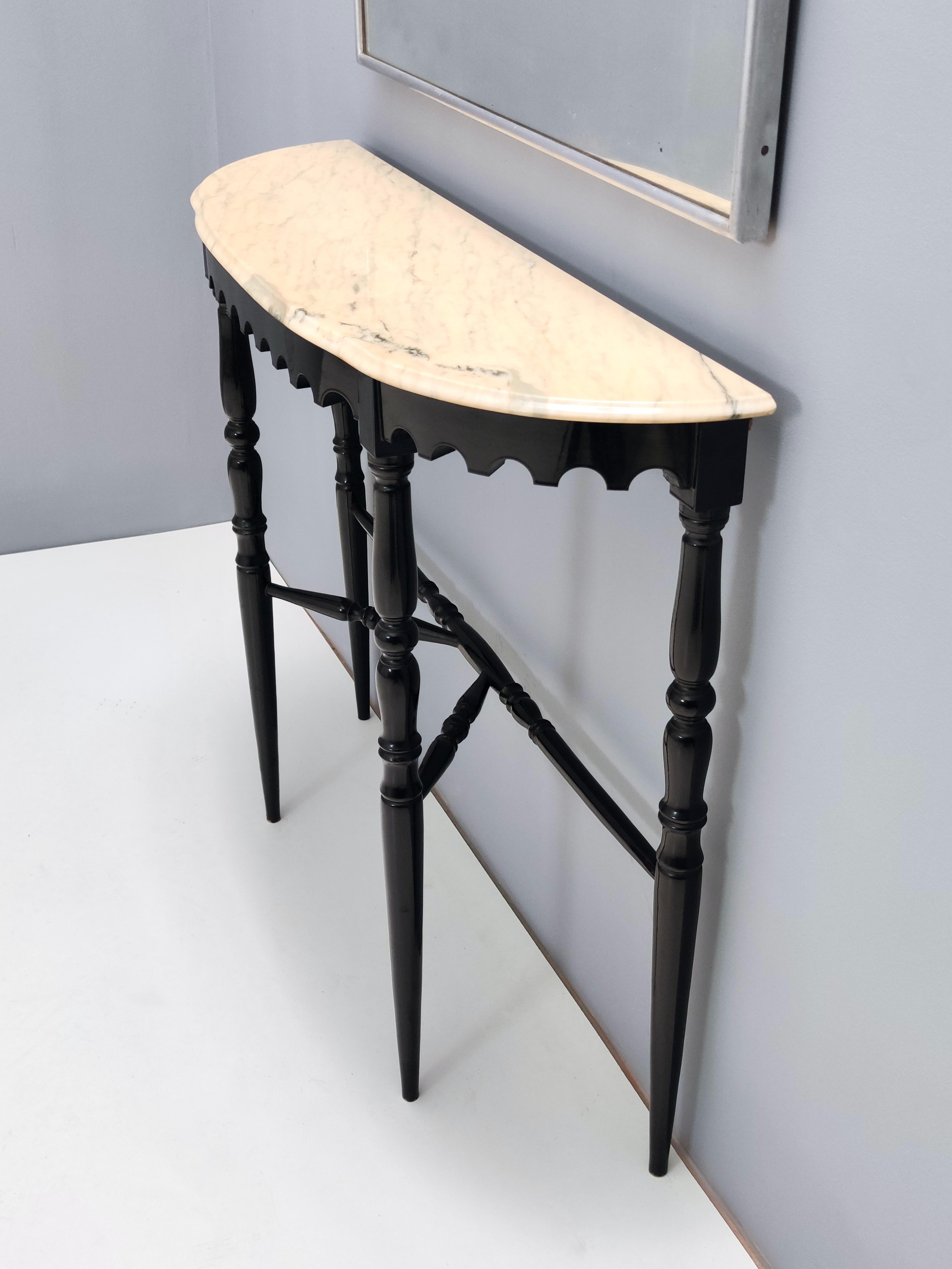 Vintage Ebonized Beech Console with a Demilune Portuguese Pink Marble Top, Italy 1