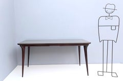 Mesa de Comedor Rectangular de Haya Ebonizada con Tablero de Cristal Topo, Italia