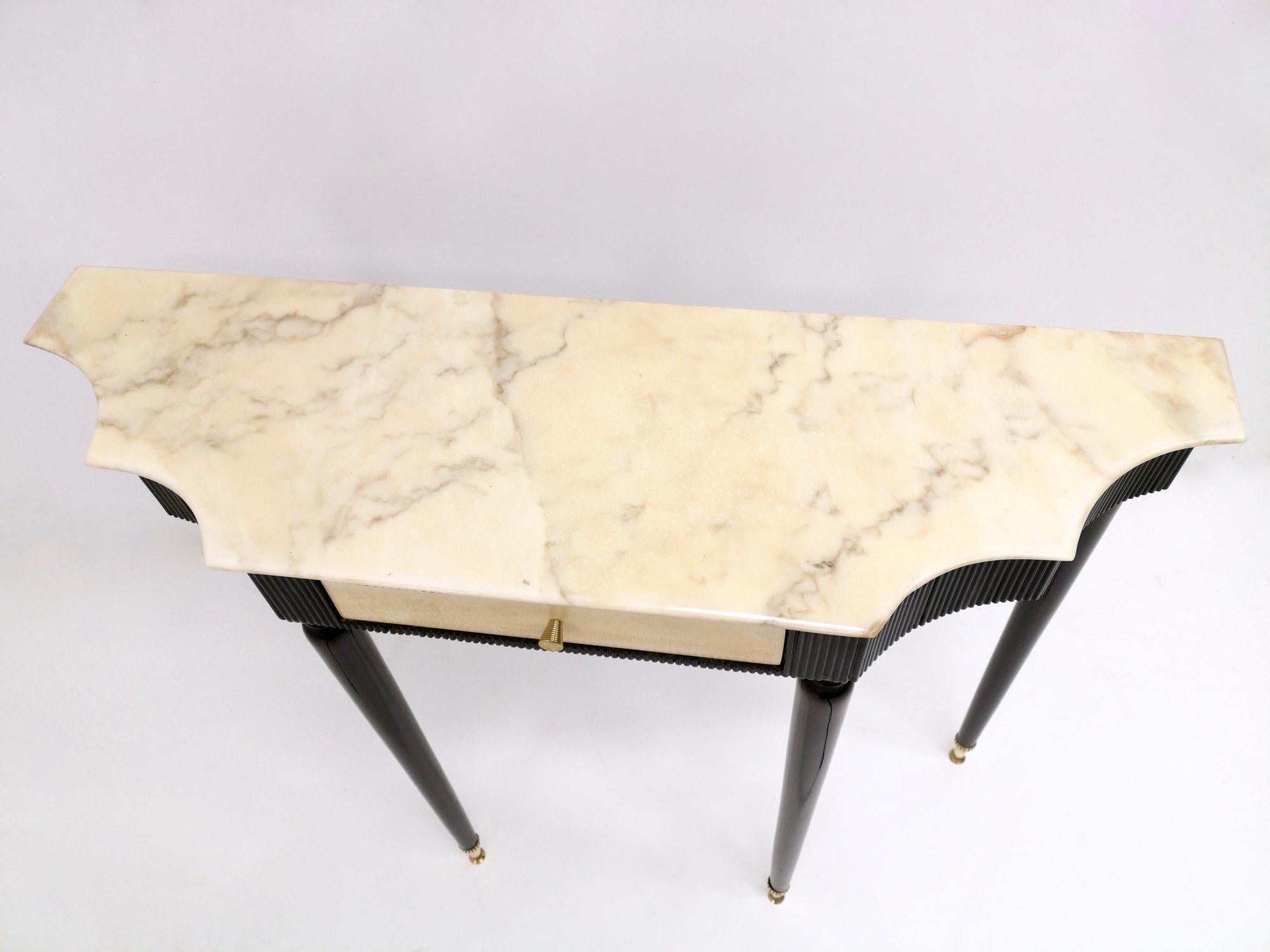 Brass Midcentury Ebonized Console Table with Portuguese Pink Marble Top, Italy, 1950s