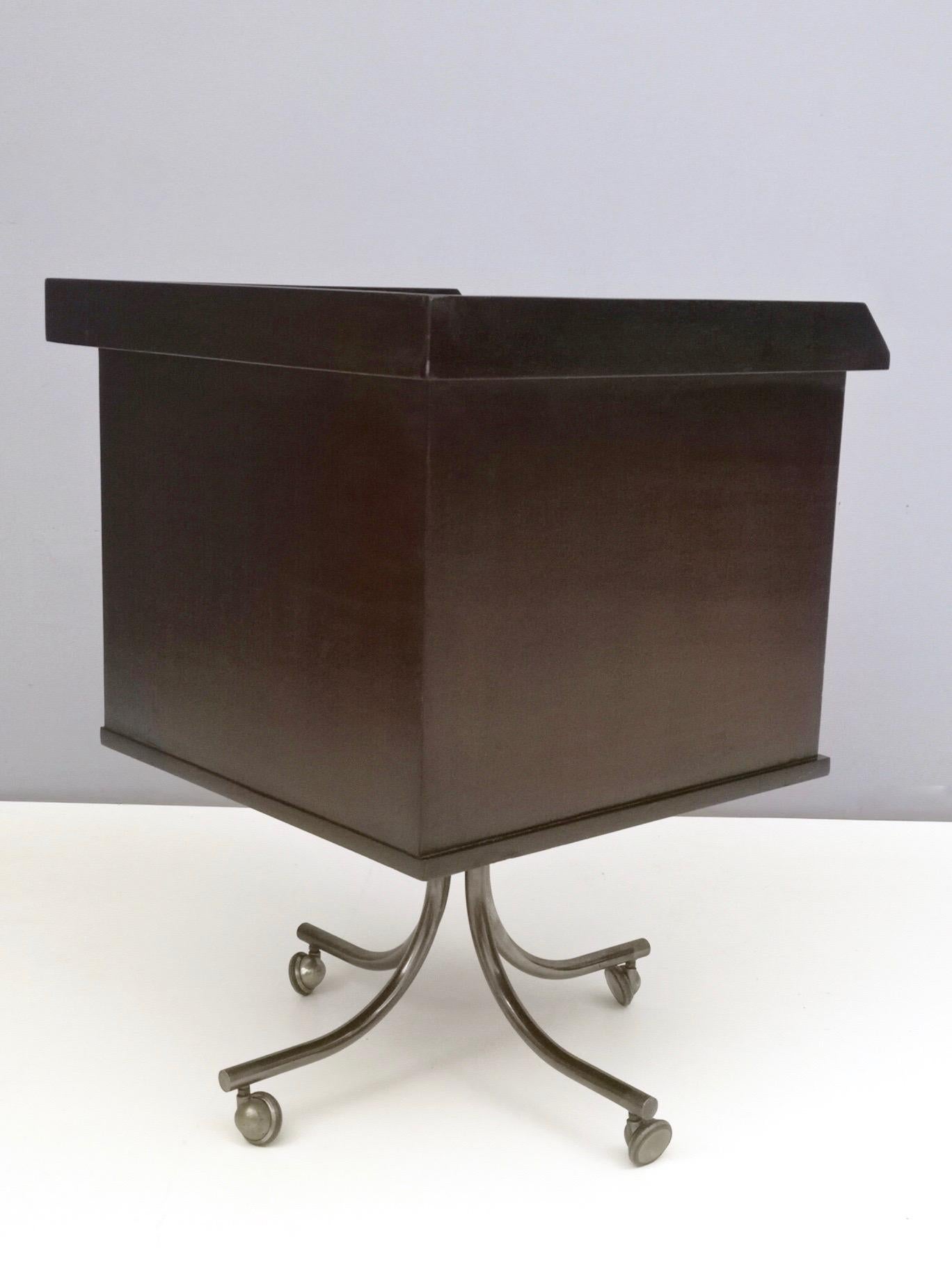 Mid-20th Century Midcentury Ebonized Wood, Formica and Brass Cabinet on Casters, Italy, 1960s