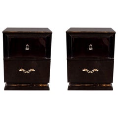 Midcentury Ebonized Walnut End Tables/Nightstands with Sculptural Nickeled Pulls