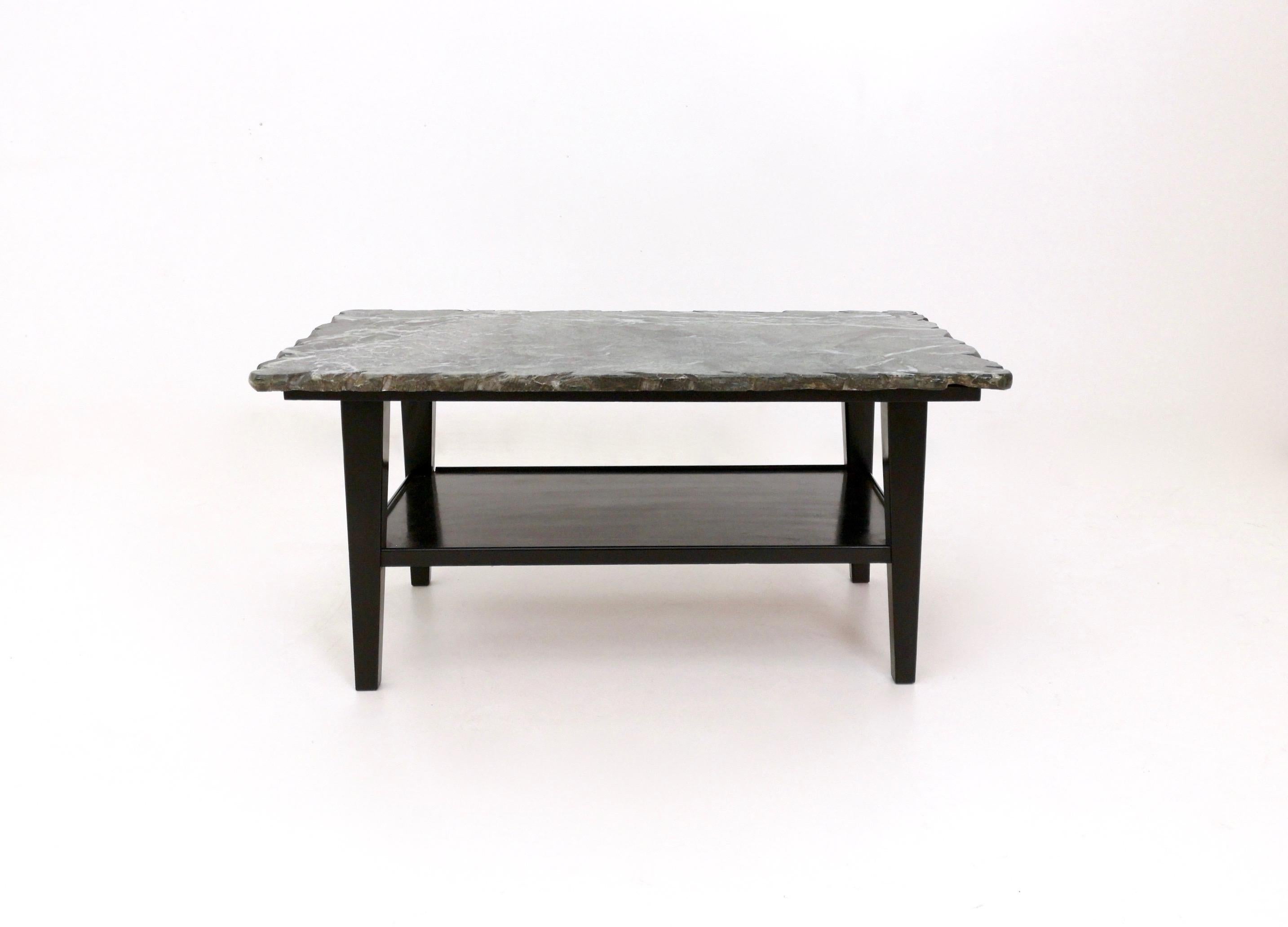 Mid-Century Modern Vintage Ebonized Wood Coffee Table with a Green Alps Marble Top, Italy For Sale