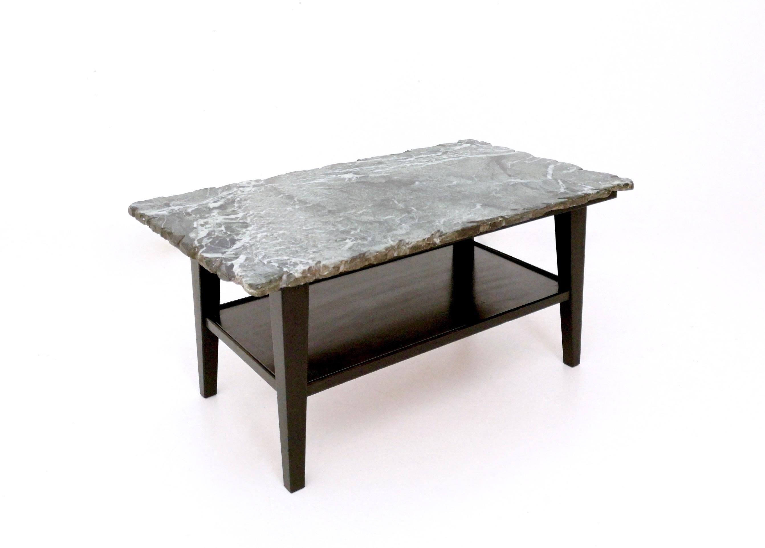 Italian Vintage Ebonized Wood Coffee Table with a Green Alps Marble Top, Italy For Sale