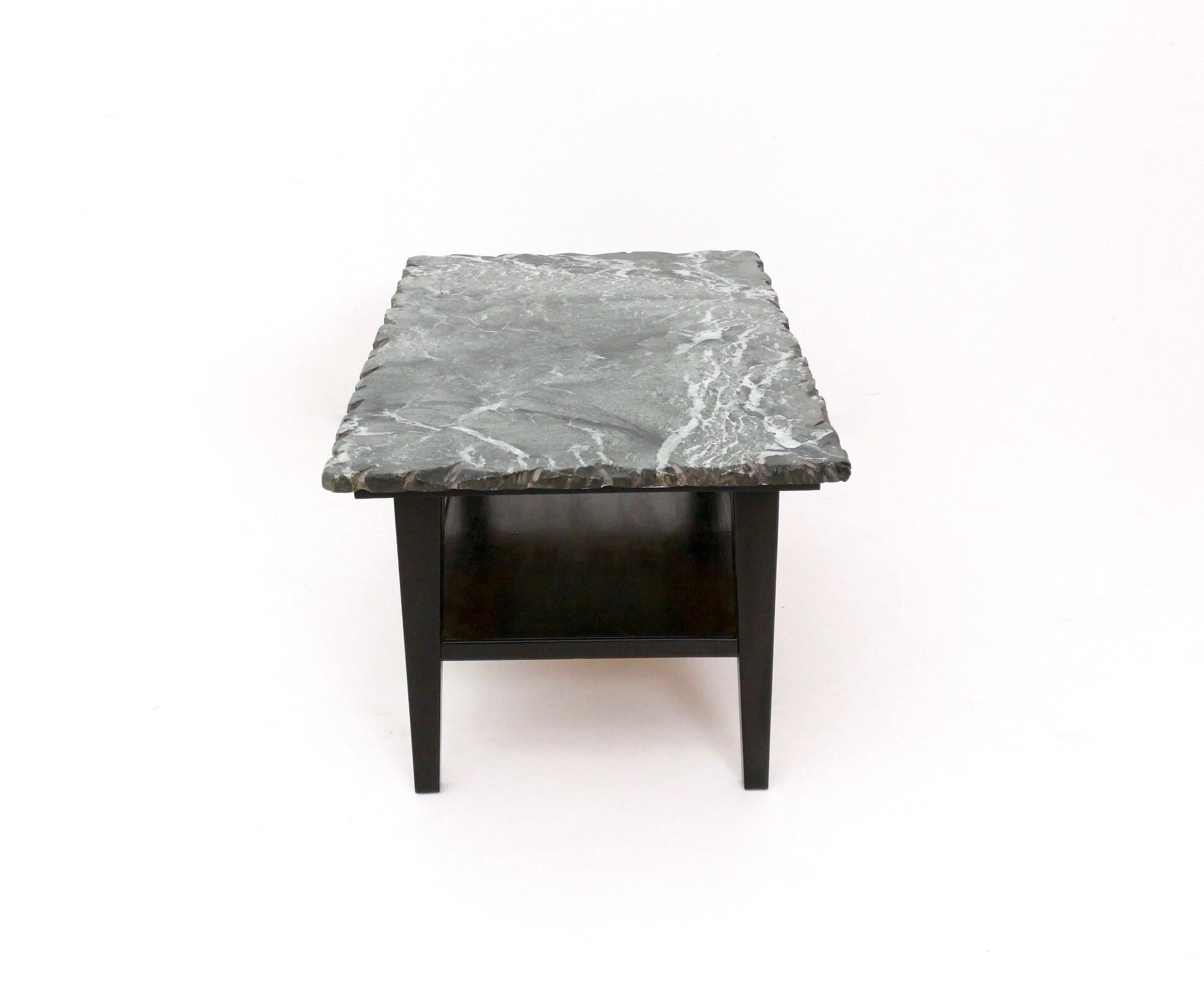 Vintage Ebonized Wood Coffee Table with a Green Alps Marble Top, Italy In Excellent Condition For Sale In Bresso, Lombardy