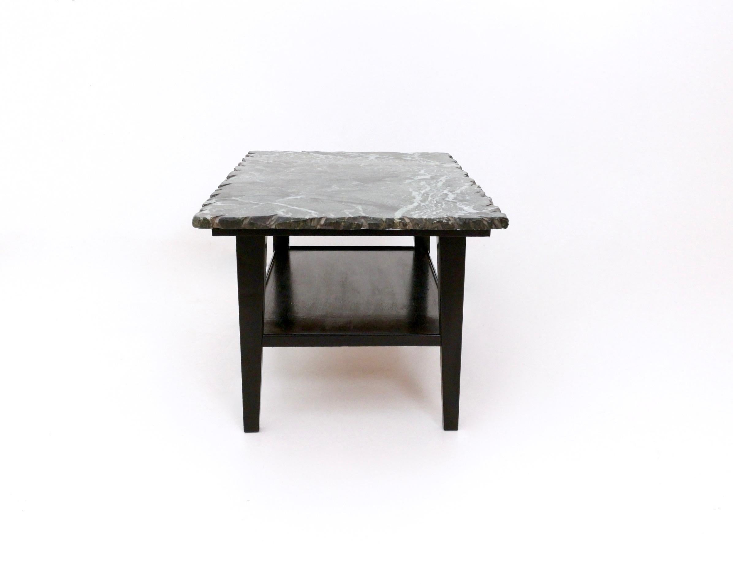 Mid-20th Century Vintage Ebonized Wood Coffee Table with a Green Alps Marble Top, Italy For Sale
