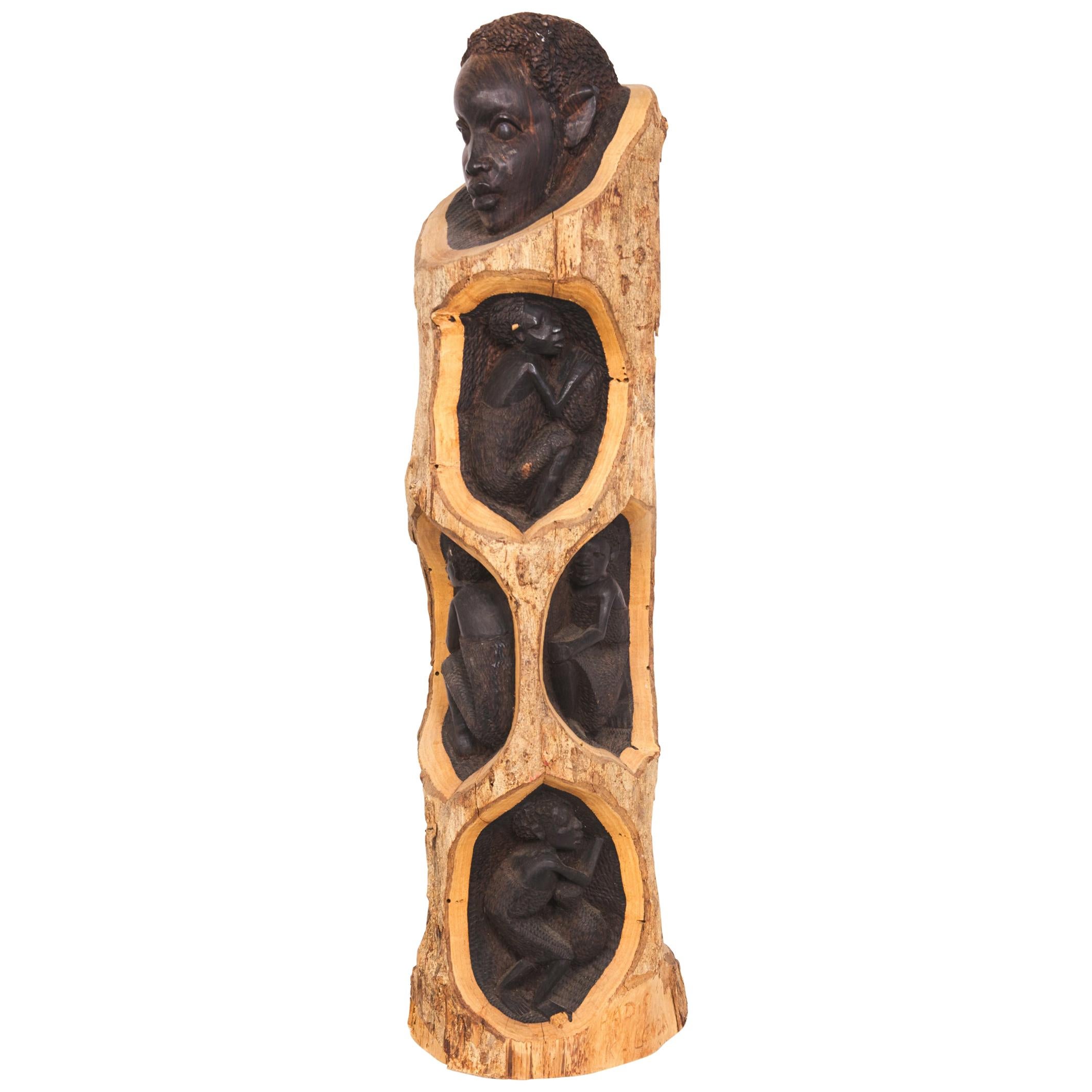 Midcentury Ebony and Bark Hand Carved Tree of Life Sculpture For Sale