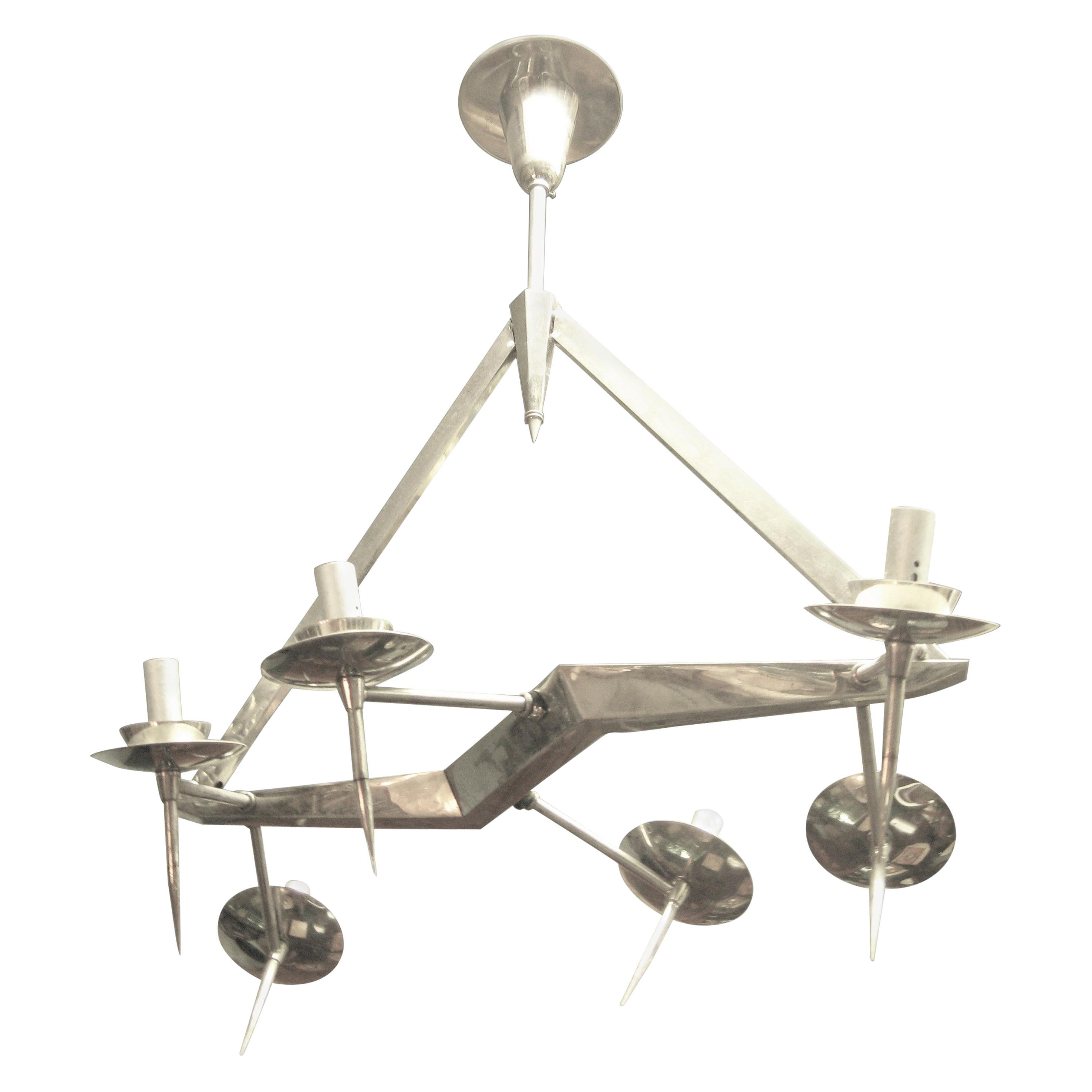 Midcentury, Edgy Polished Nickel Six-Light Chandelier, Style of Yonel Lebovici For Sale