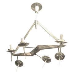 Midcentury, Edgy Polished Nickel Six-Light Chandelier, Style of Yonel Lebovici