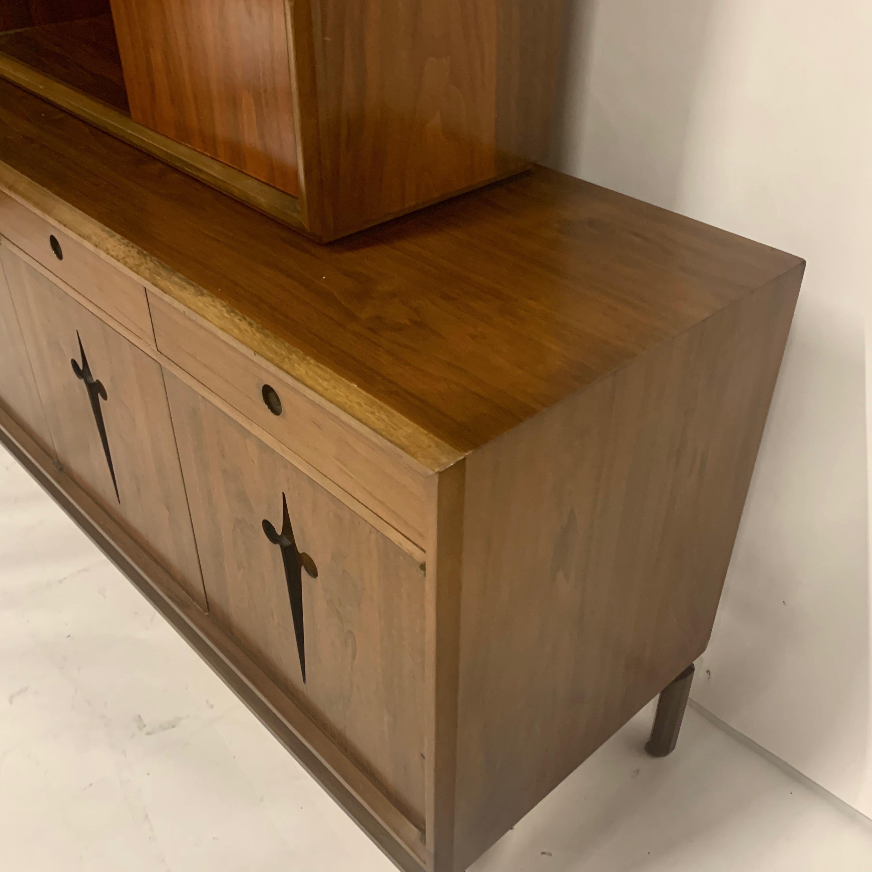 Mid-Century Modern Midcentury Edmond J. Spence Stilted Walnut Credenza or Sideboard with Hutch