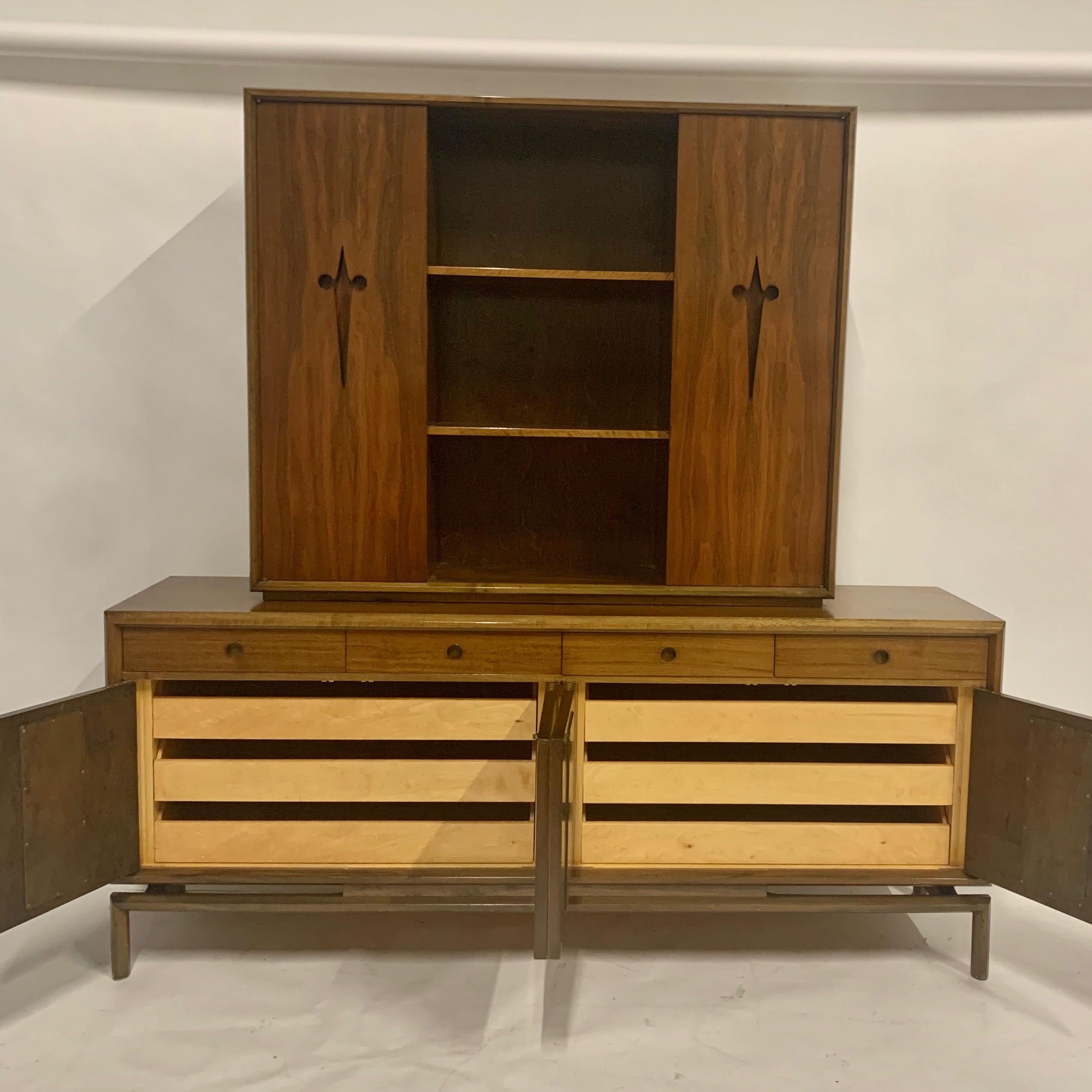 Mid-20th Century Midcentury Edmond J. Spence Stilted Walnut Credenza or Sideboard with Hutch
