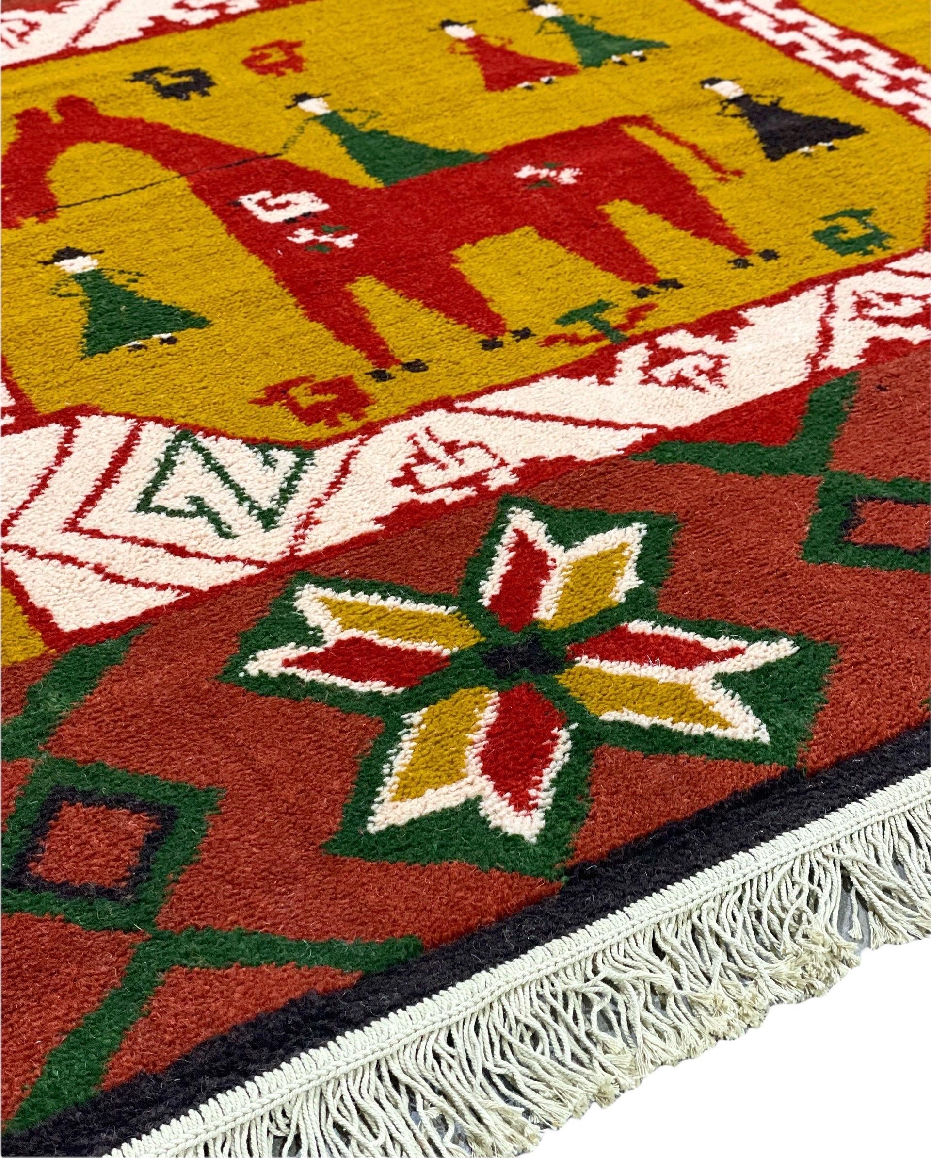 Amazing mid-century Danish modern Ege Rya wool area rug. Traditional modern Scandinavian motif in hues of red, green, yellow, white and black. Red tones are rich and lean towards crimson. The yellow tones are a vibrant harvest gold.
Rug retains