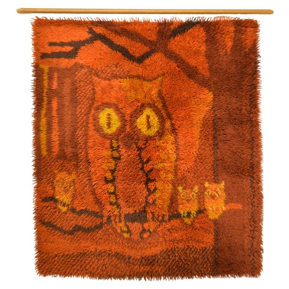 Midcentury EGE VAEGRYA Danish Scandinavian Owl Wall hanging Tapestry Art Rug 70s For Sale