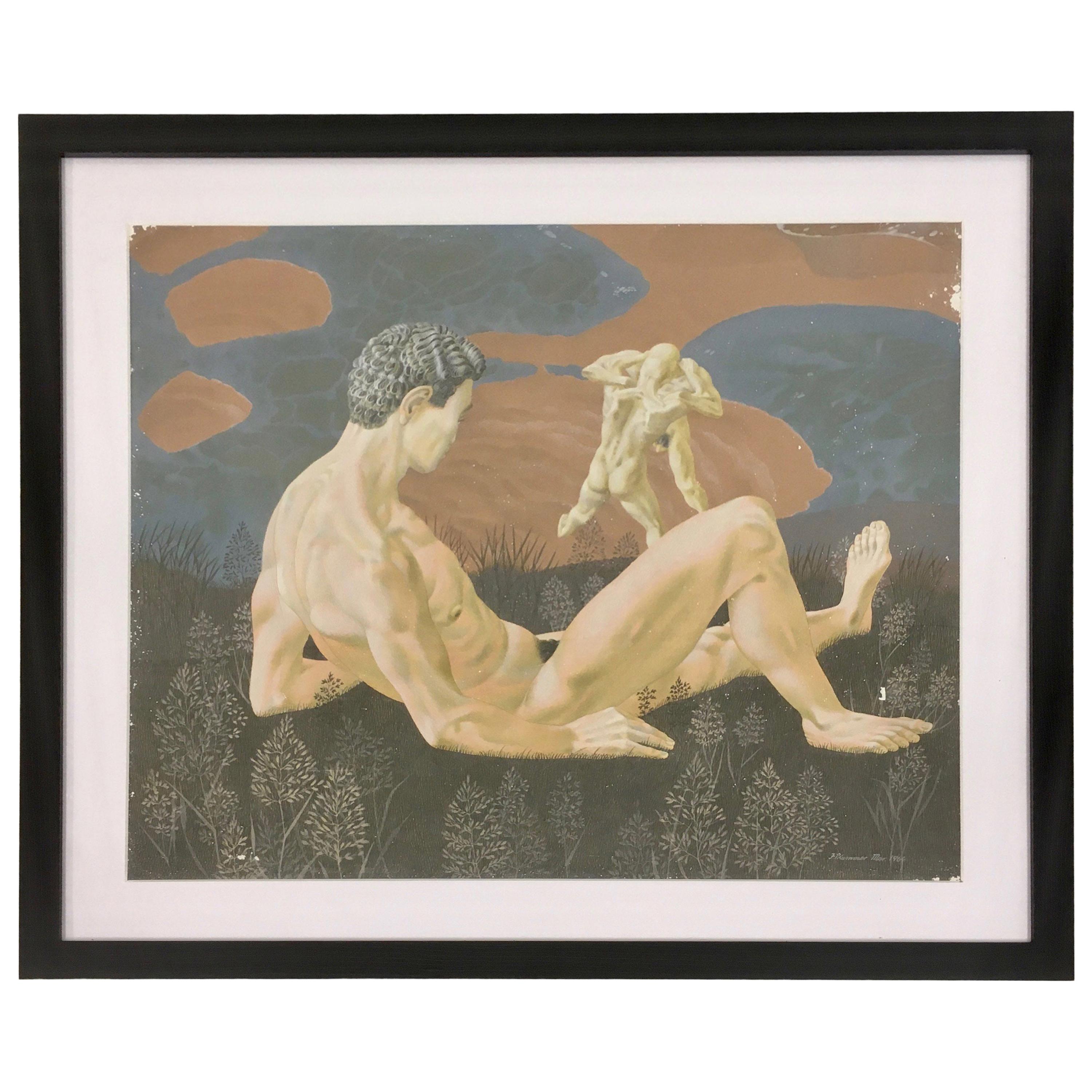 Midcentury Egg Tempera Painting by Francis Plummer Male Nudes