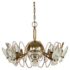 Midcentury Eight Lights Chandelier Brass & Glass by Oscar Torlasco, Italy 1960s