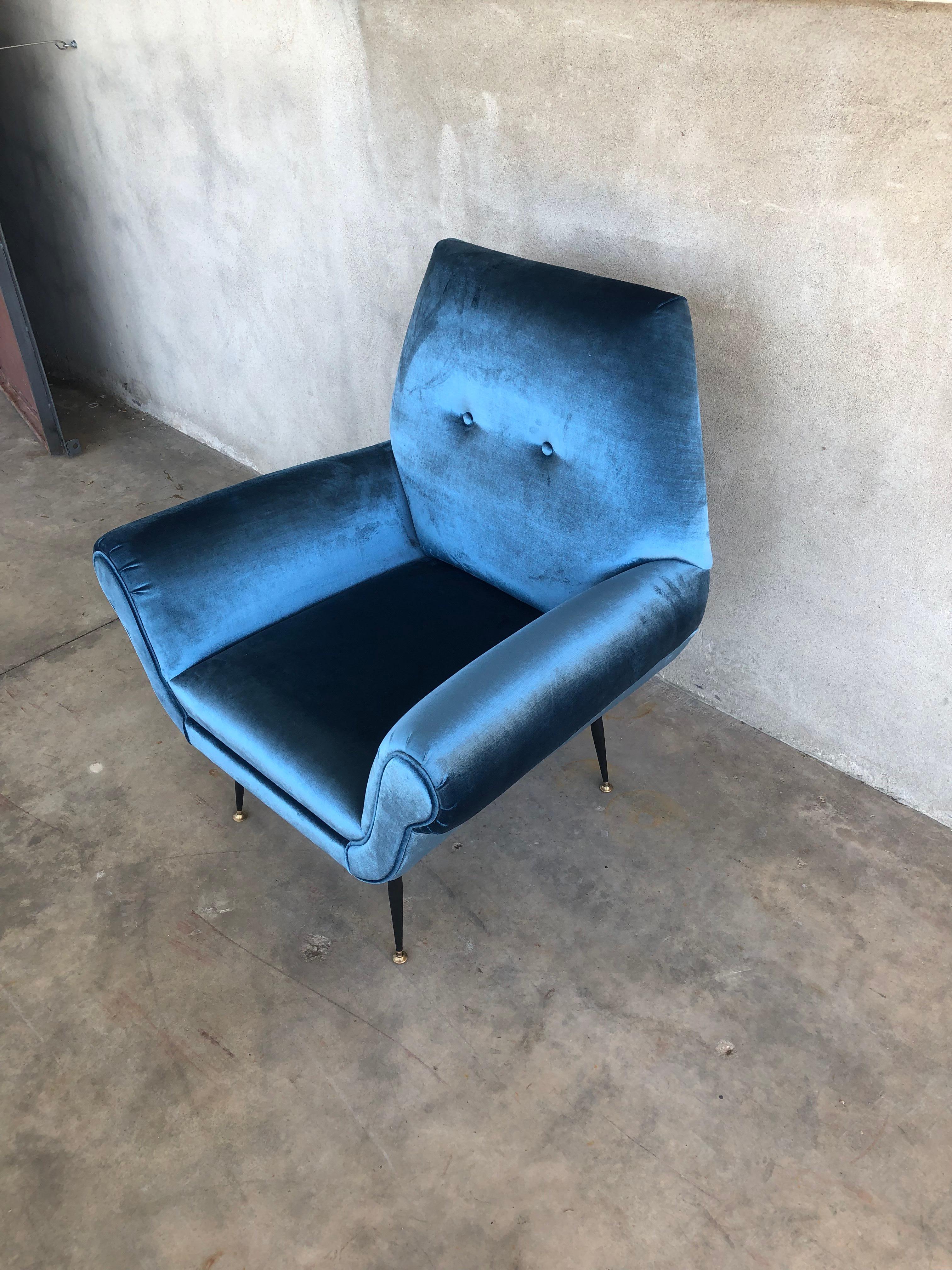 Midcentury Electric Blue Velvet Brass Ending Legs by Radice Armchairs For Sale 1