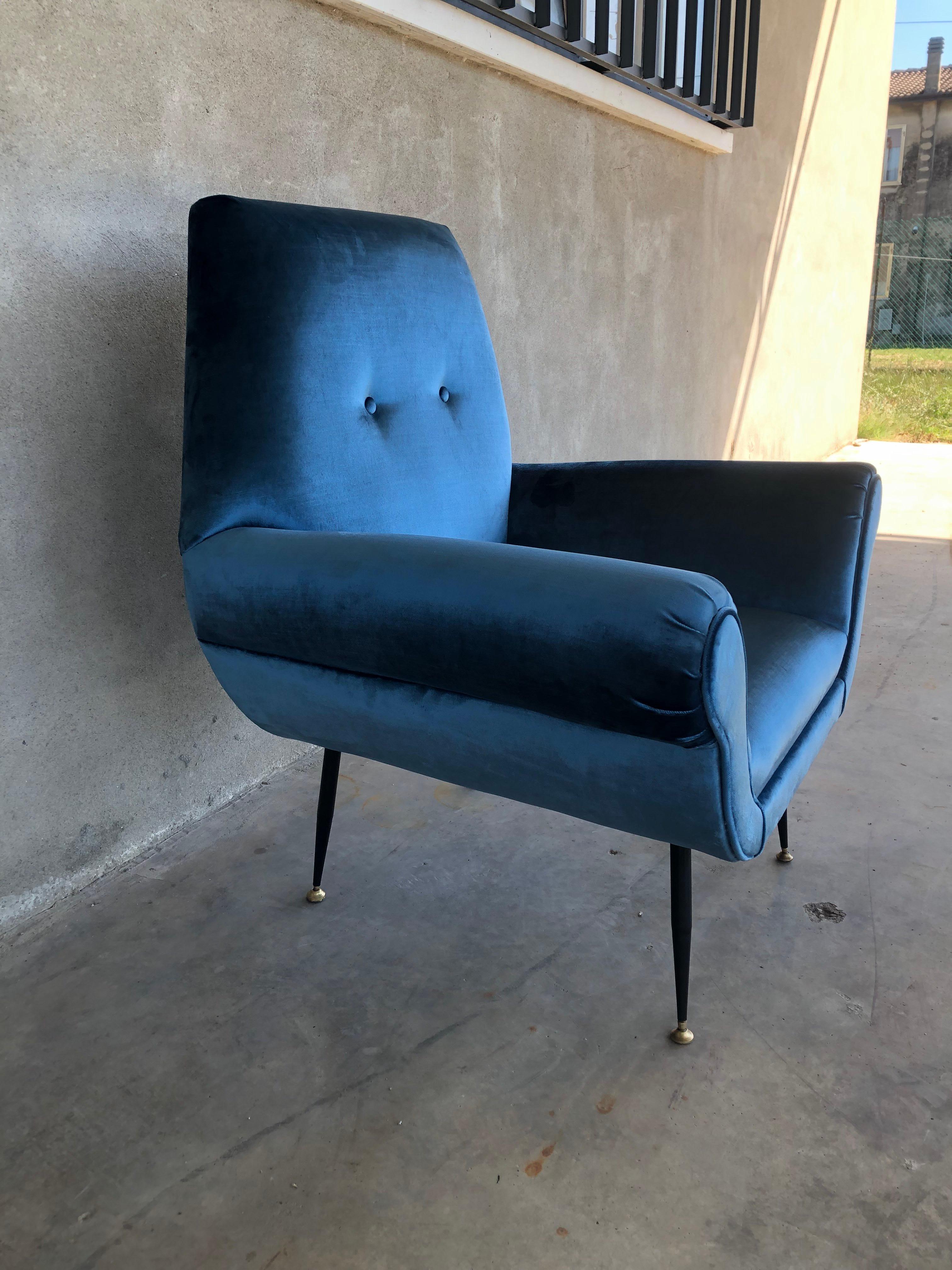 Midcentury Electric Blue Velvet Brass Ending Legs by Radice Armchairs For Sale 2
