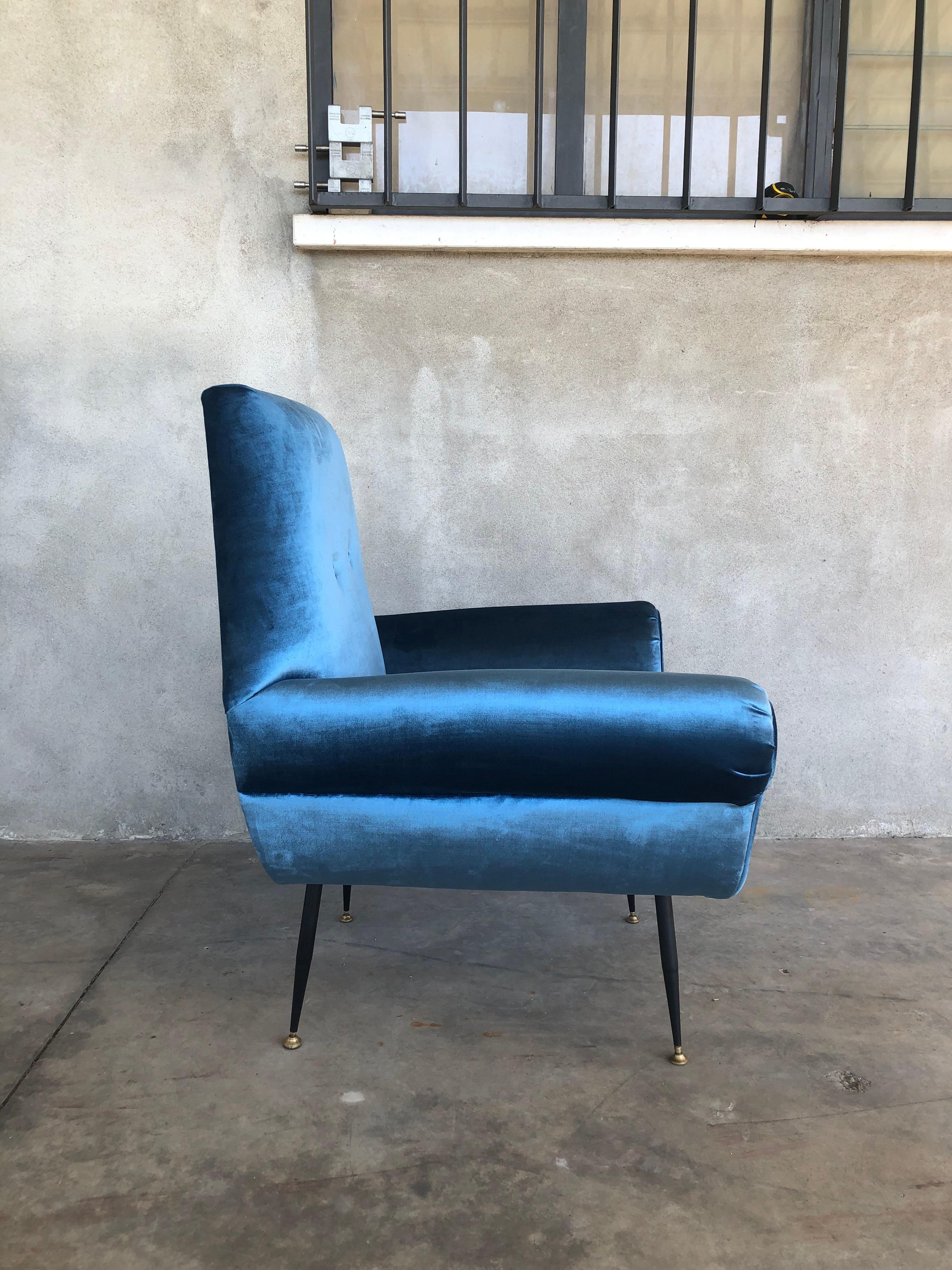 Midcentury Electric Blue Velvet Brass Ending Legs by Radice Armchairs For Sale 3