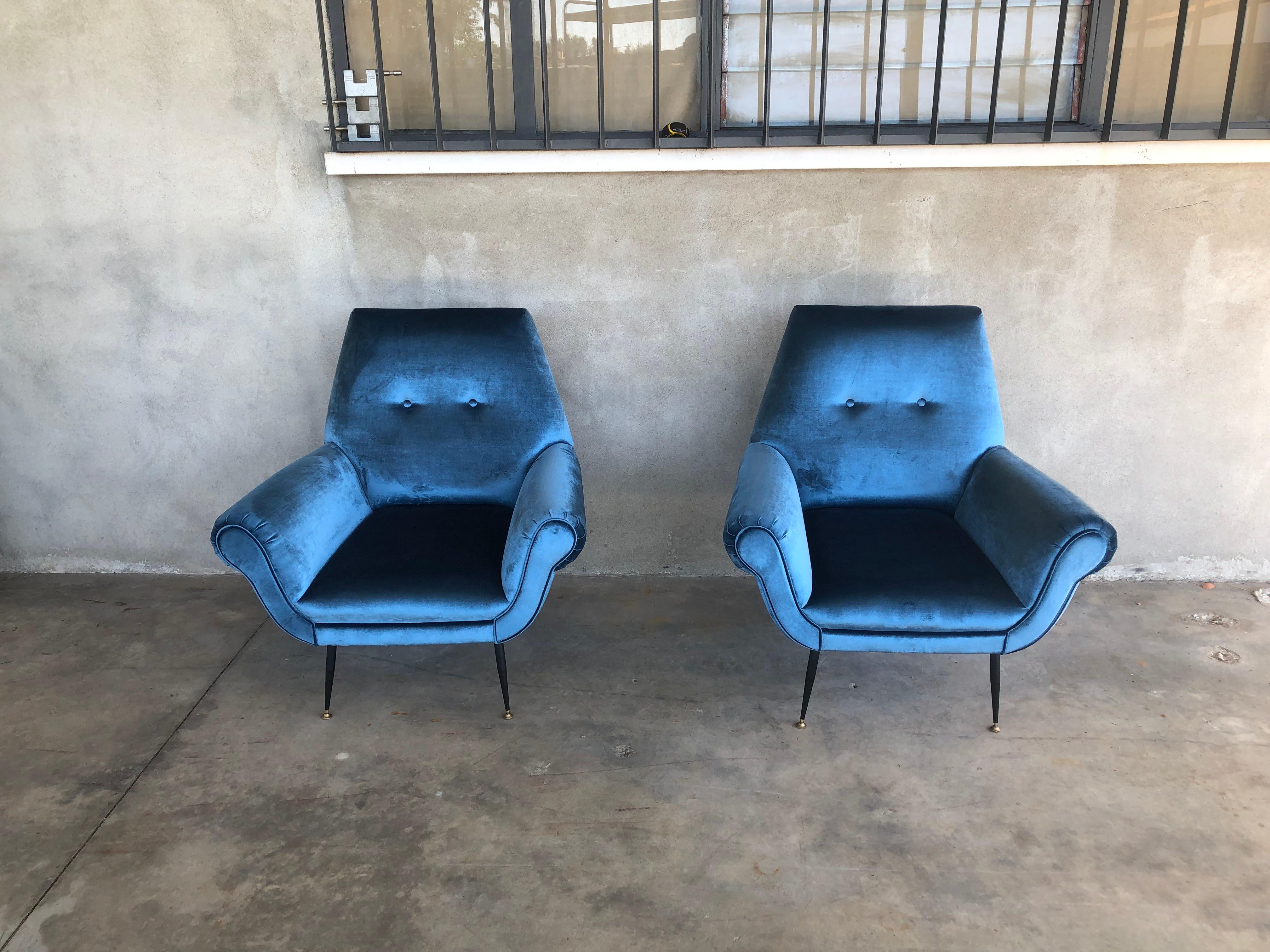 Midcentury Electric Blue Velvet Brass Ending Legs by Radice Armchairs For Sale 4