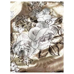 Vintage Embroidered Silk Charmeuse Fabric, White Floral Champagne Taupe, Rare