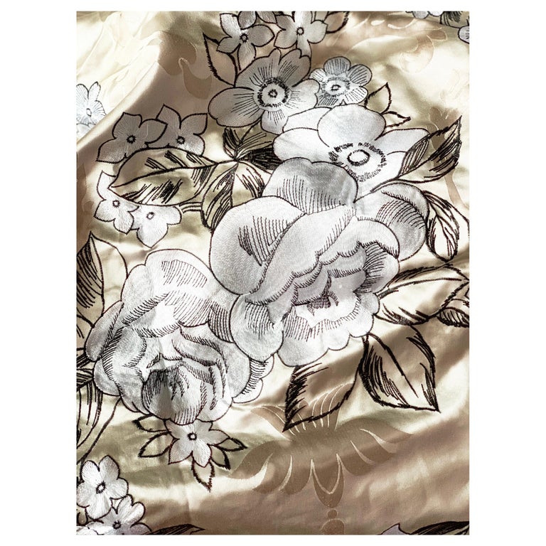 Vintage Embroidered Silk Charmeuse Fabric, White Floral Champagne Taupe, Rare  For Sale