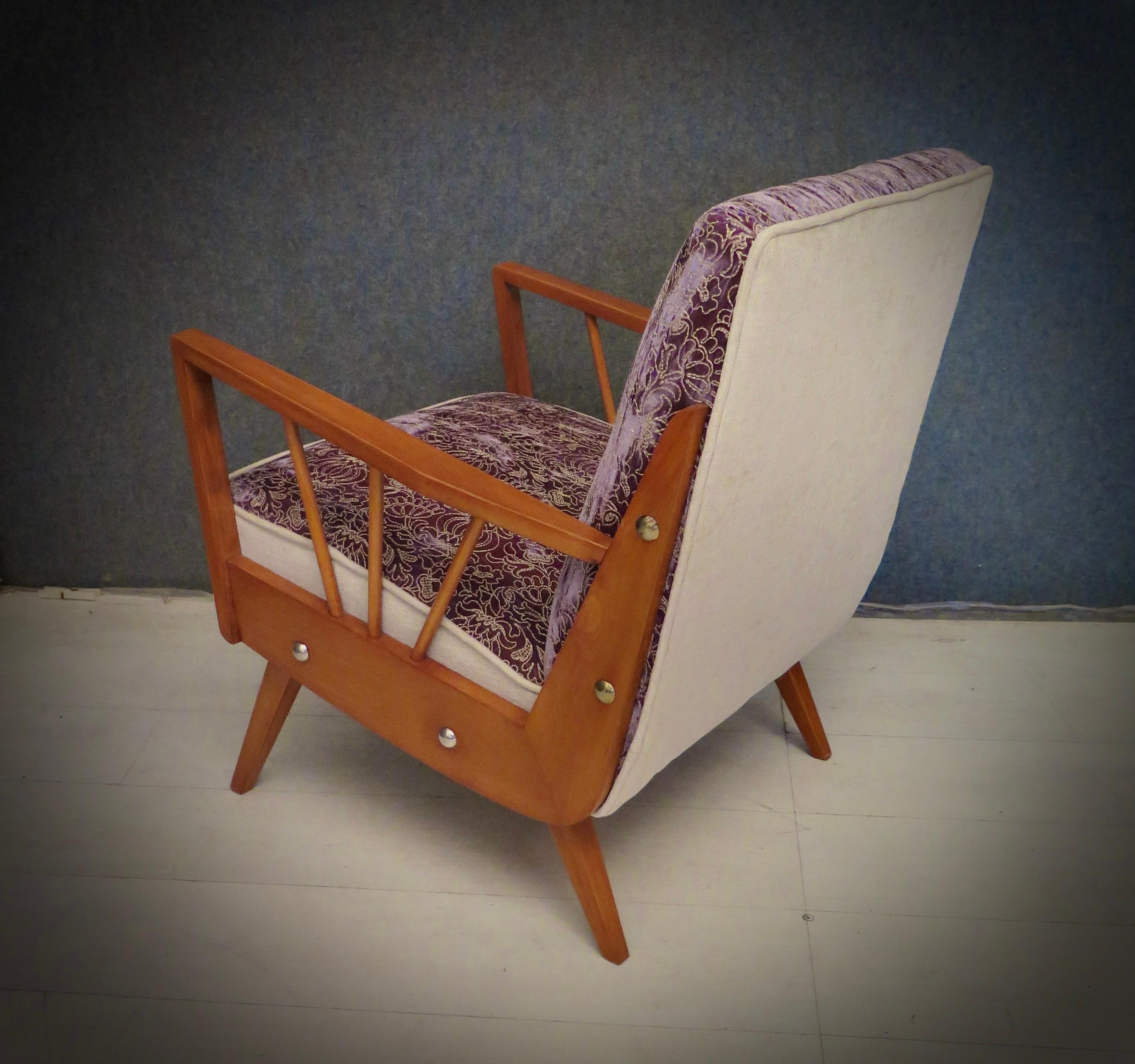 Mid-20th Century Midcentury Beech Wood and Embroidered Velvet Italian Club Armchairs, 1950 For Sale