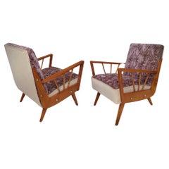 Vintage Midcentury Beech Wood and Embroidered Velvet Italian Club Armchairs, 1950