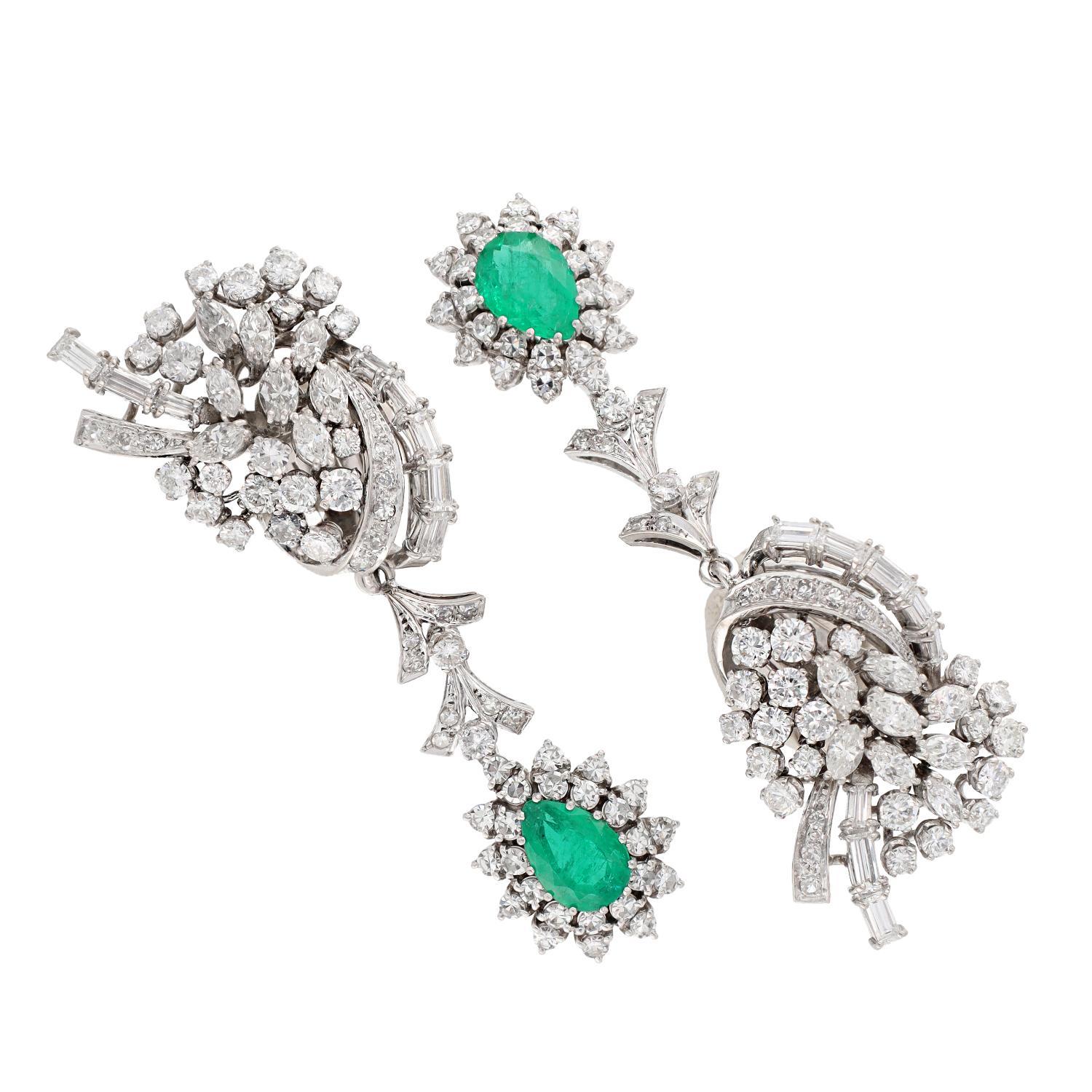 Taille poire Midcentury Emerald and Diamond Earrings en vente