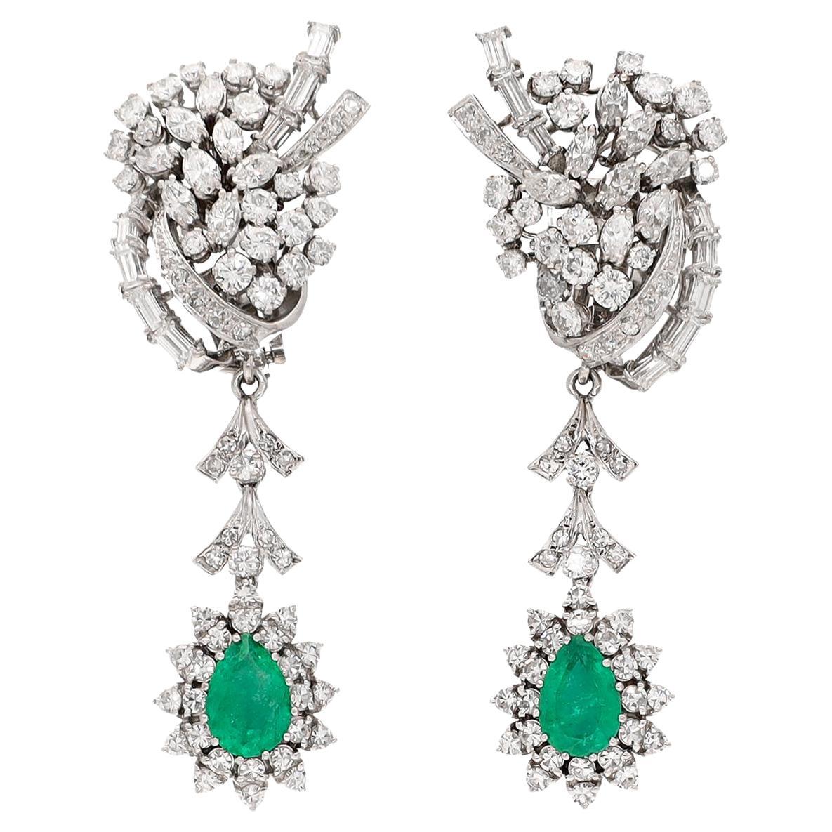 Midcentury Emerald and Diamond Earrings en vente