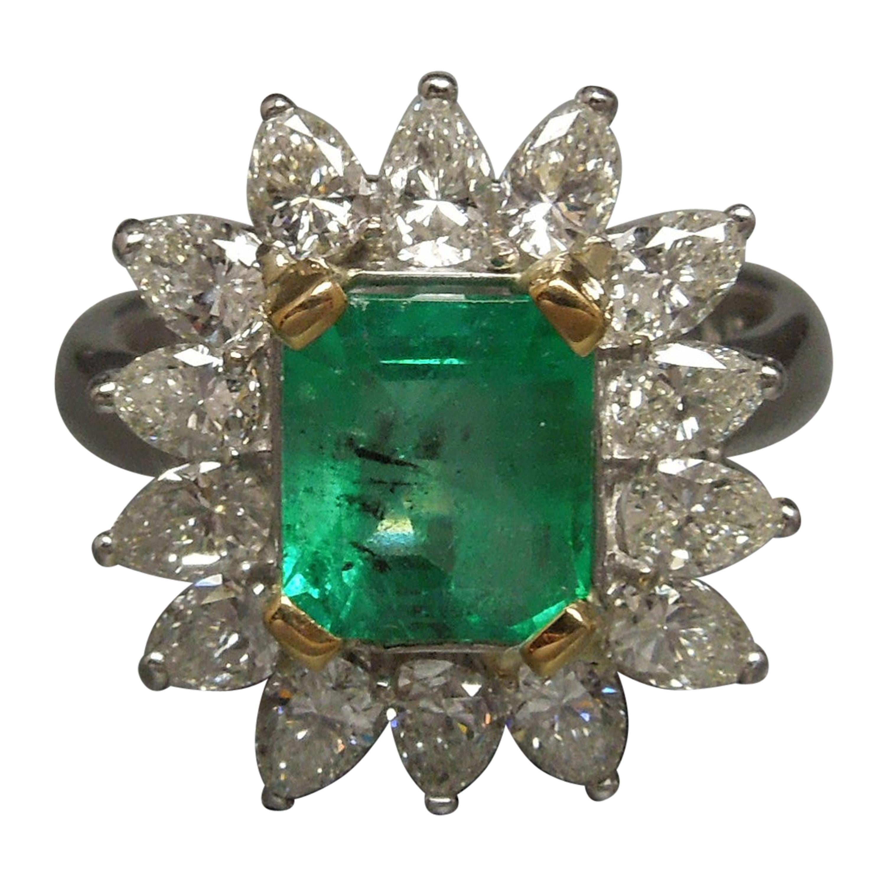 Midcentury GIA Emerald and Pear Cut Diamond Cocktail Ring