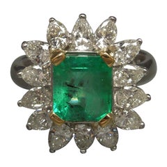 Vintage Midcentury GIA Emerald and Pear Cut Diamond Cocktail Ring