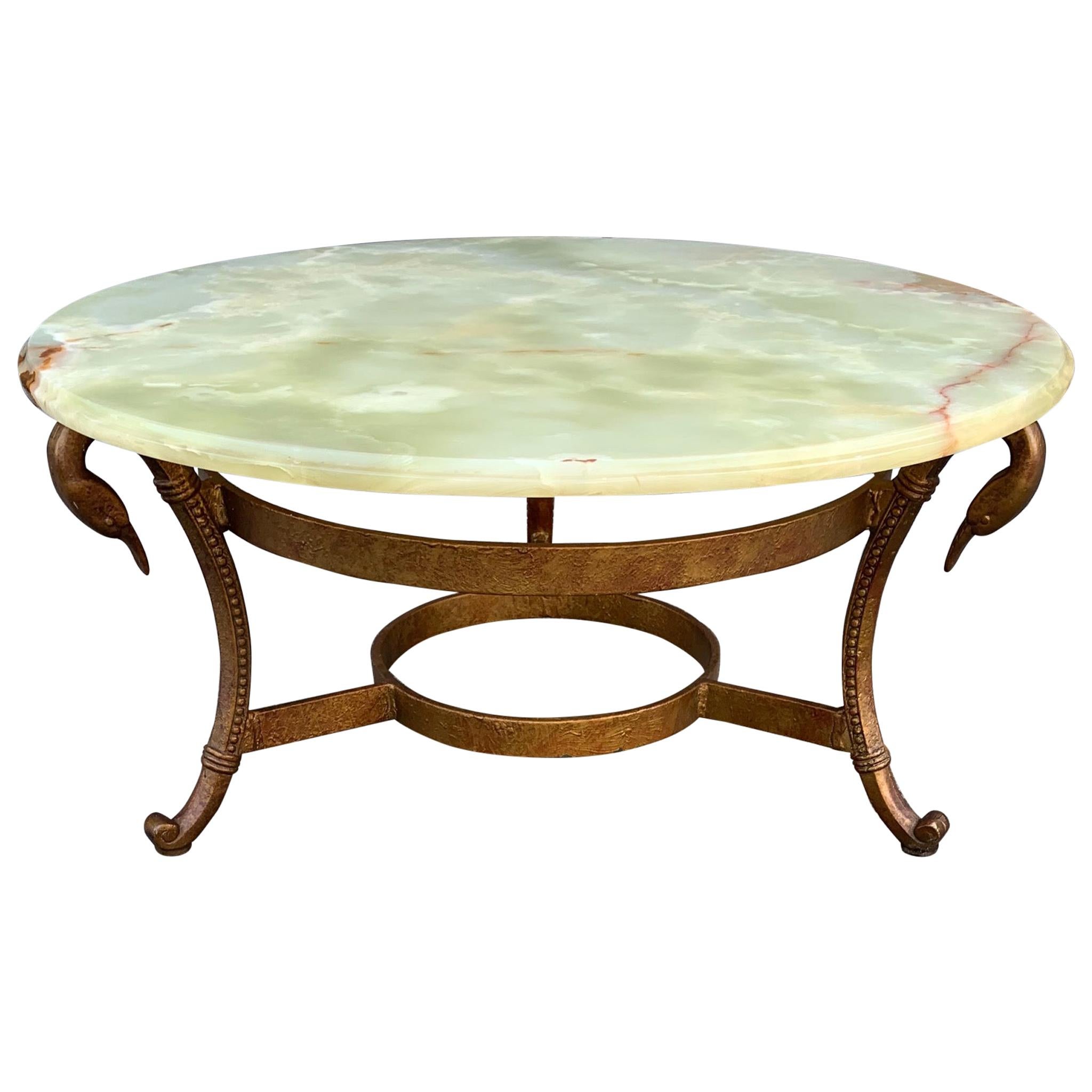 Midcentury Empire Revival Coffee Table with Onyx Top and Stylish Swan Sculptures For Sale