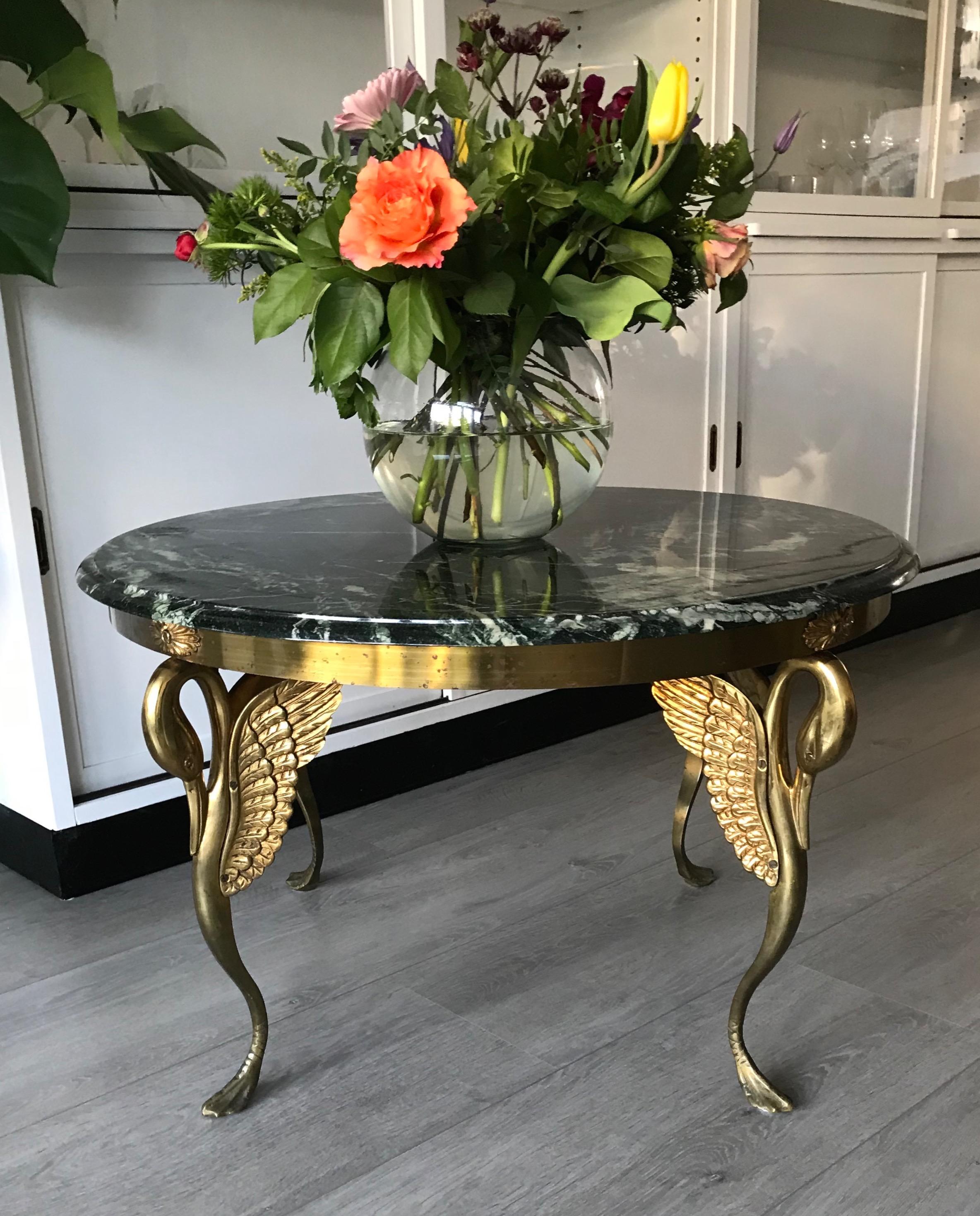 Empire Revival Midcentury Empire Style Coffee Table with Marble Top and Bronze Swan Sculptures