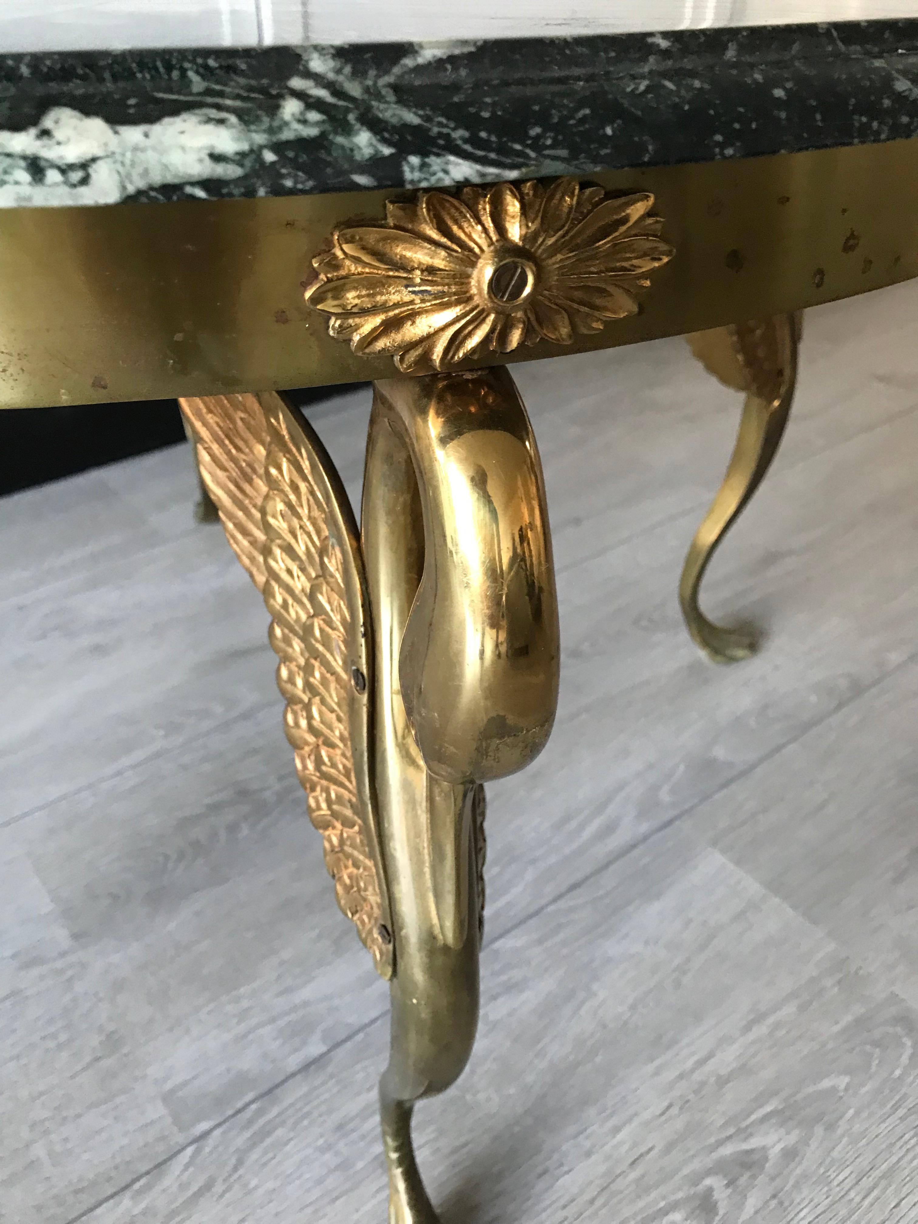 Midcentury Empire Style Coffee Table with Marble Top and Bronze Swan Sculptures In Good Condition In Lisse, NL