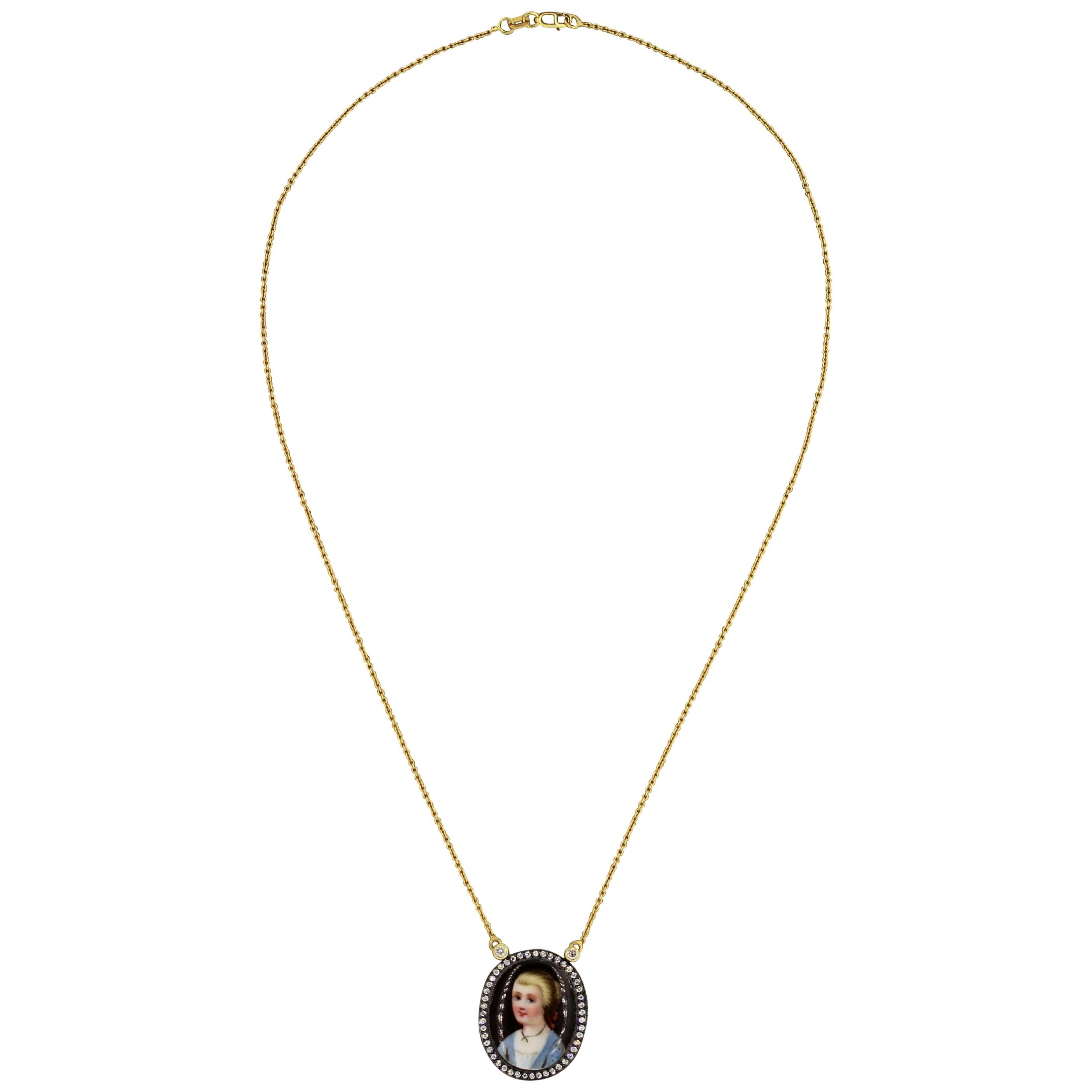 Midcentury Enamel Portrait Diamond Gold Necklace For Sale