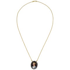 Vintage Midcentury Enamel Portrait Diamond Gold Necklace