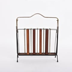 Midcentury Enameled Metal, Wood and Brass Italian Magazine Rack, 1950s