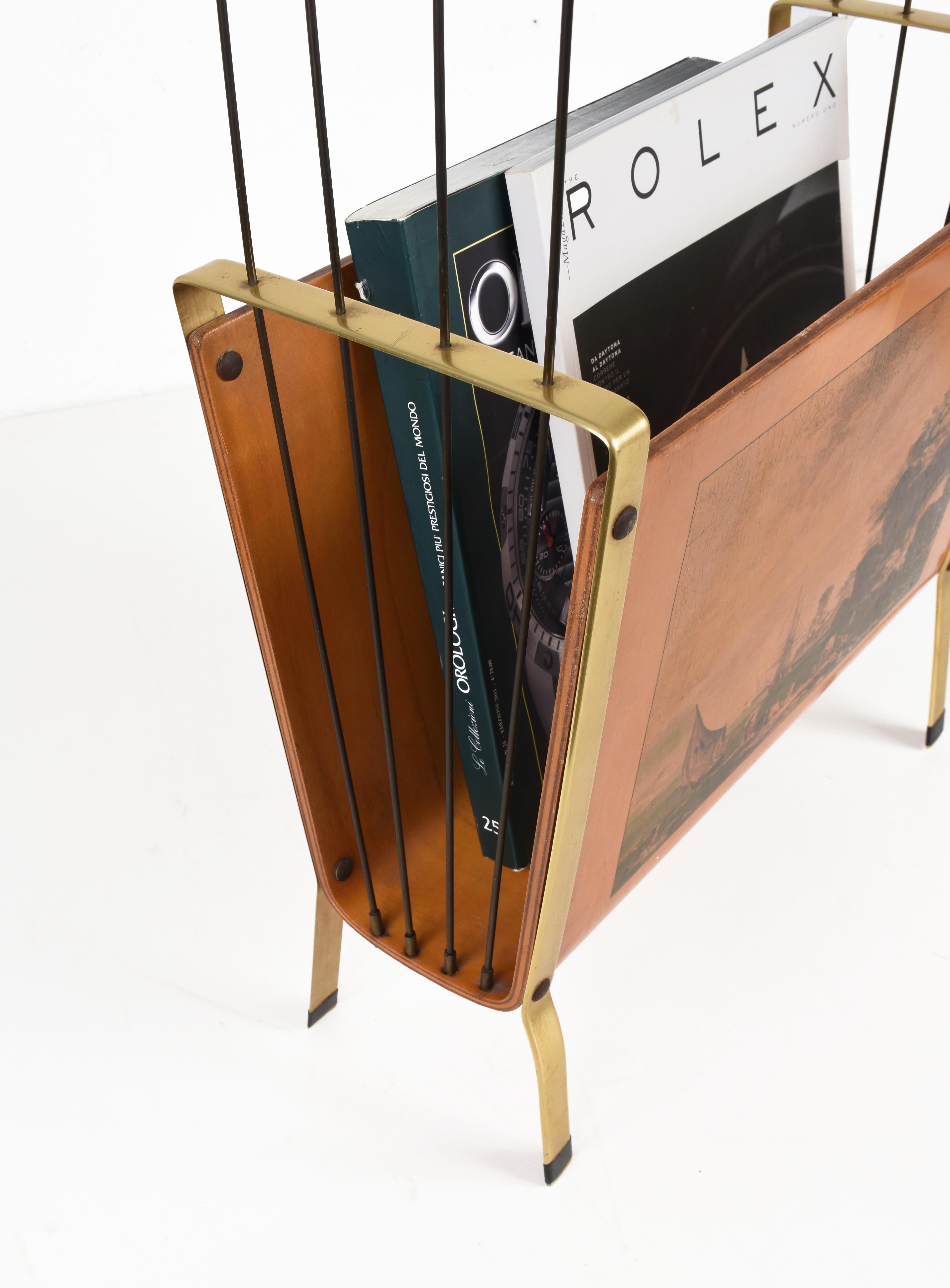 Gilt Midcentury Enameled Metal, Maple, Teak and Brass Italian Magazine Rack, 1950s For Sale