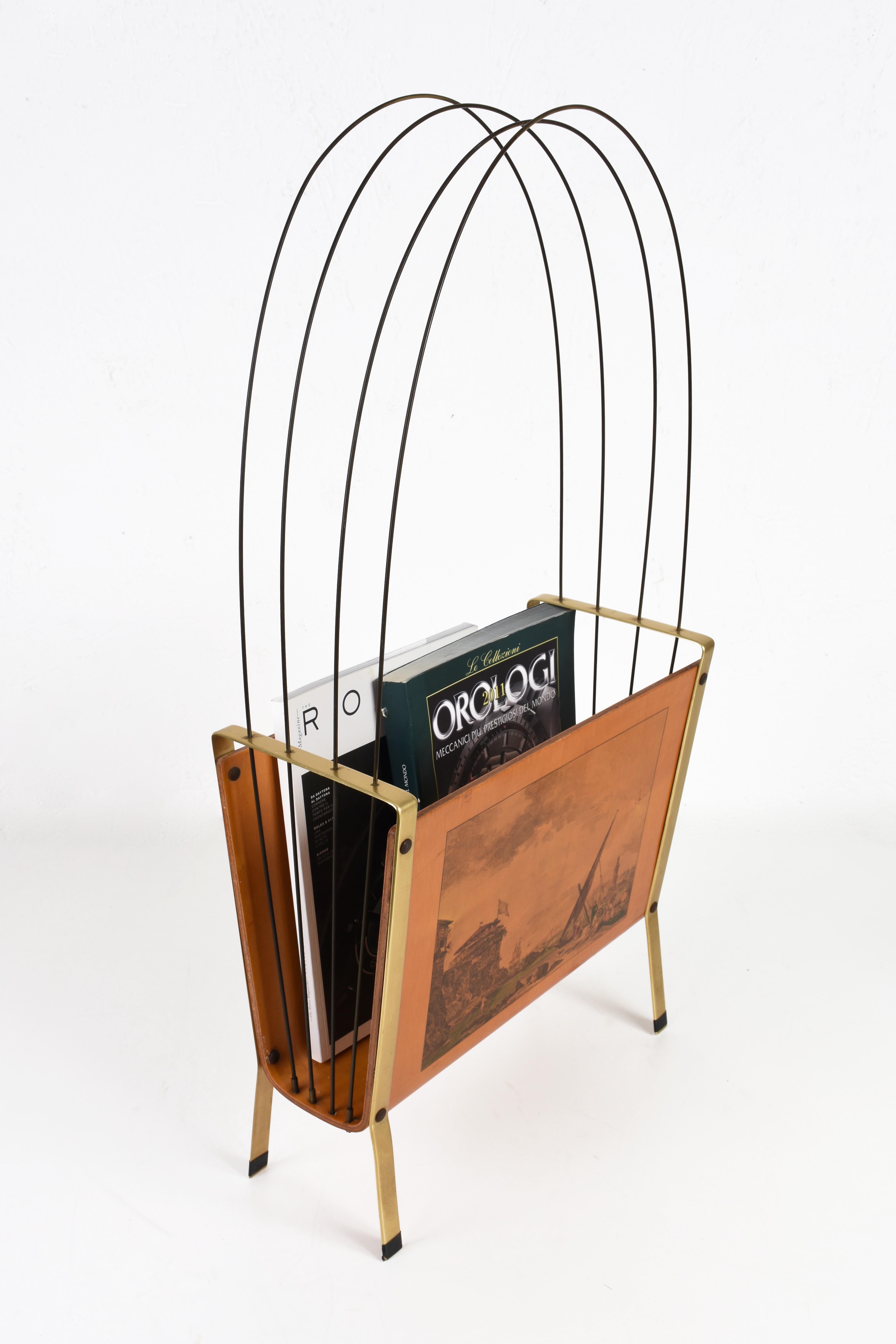 Mid-20th Century Midcentury Enameled Metal, Maple, Teak and Brass Italian Magazine Rack, 1950s For Sale