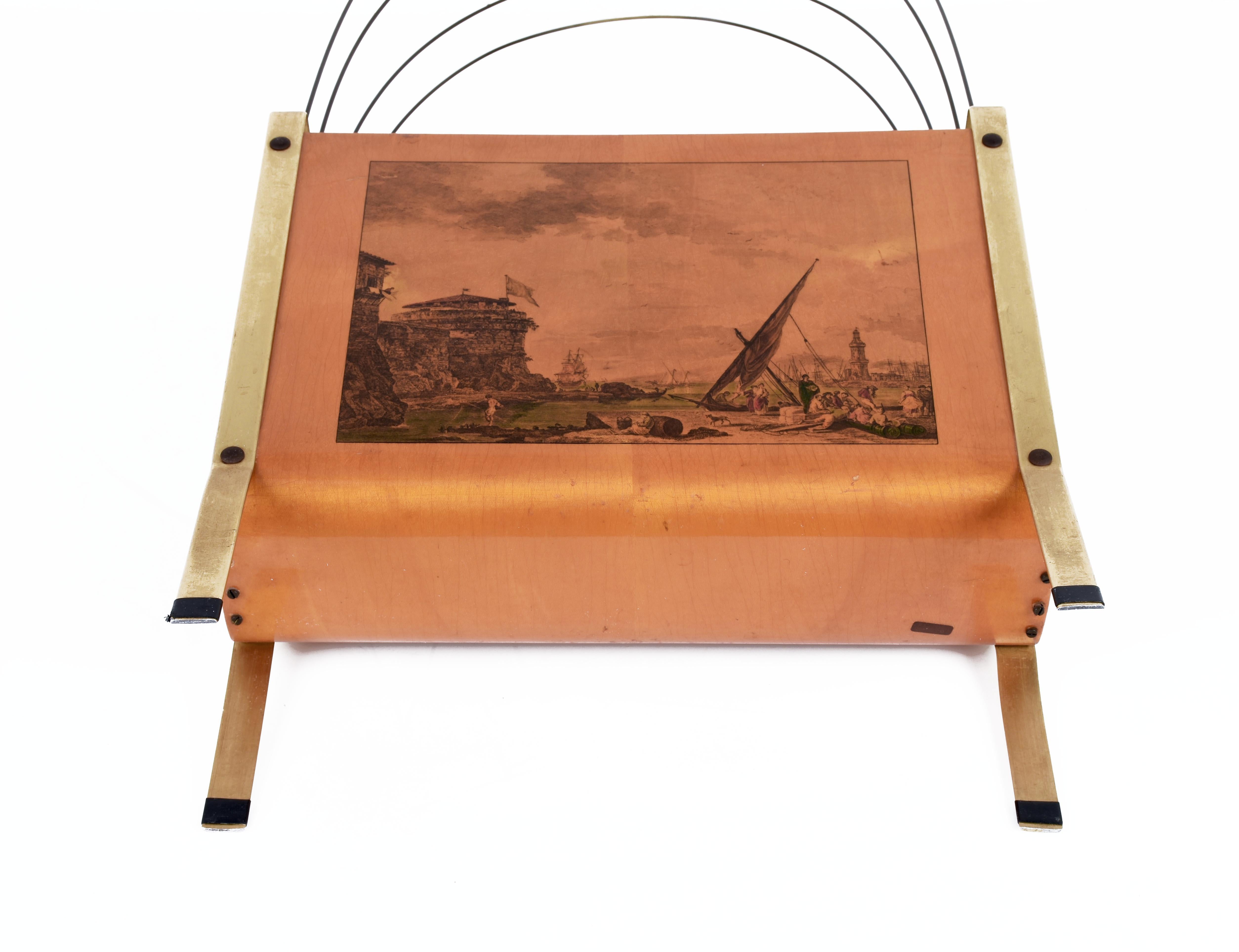 Midcentury Enameled Metal, Maple, Teak and Brass Italian Magazine Rack, 1950s For Sale 2