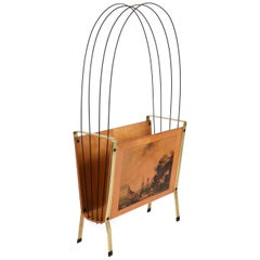 Midcentury Enameled Metal, Maple, Teak and Brass Italian Magazine Rack, 1950s