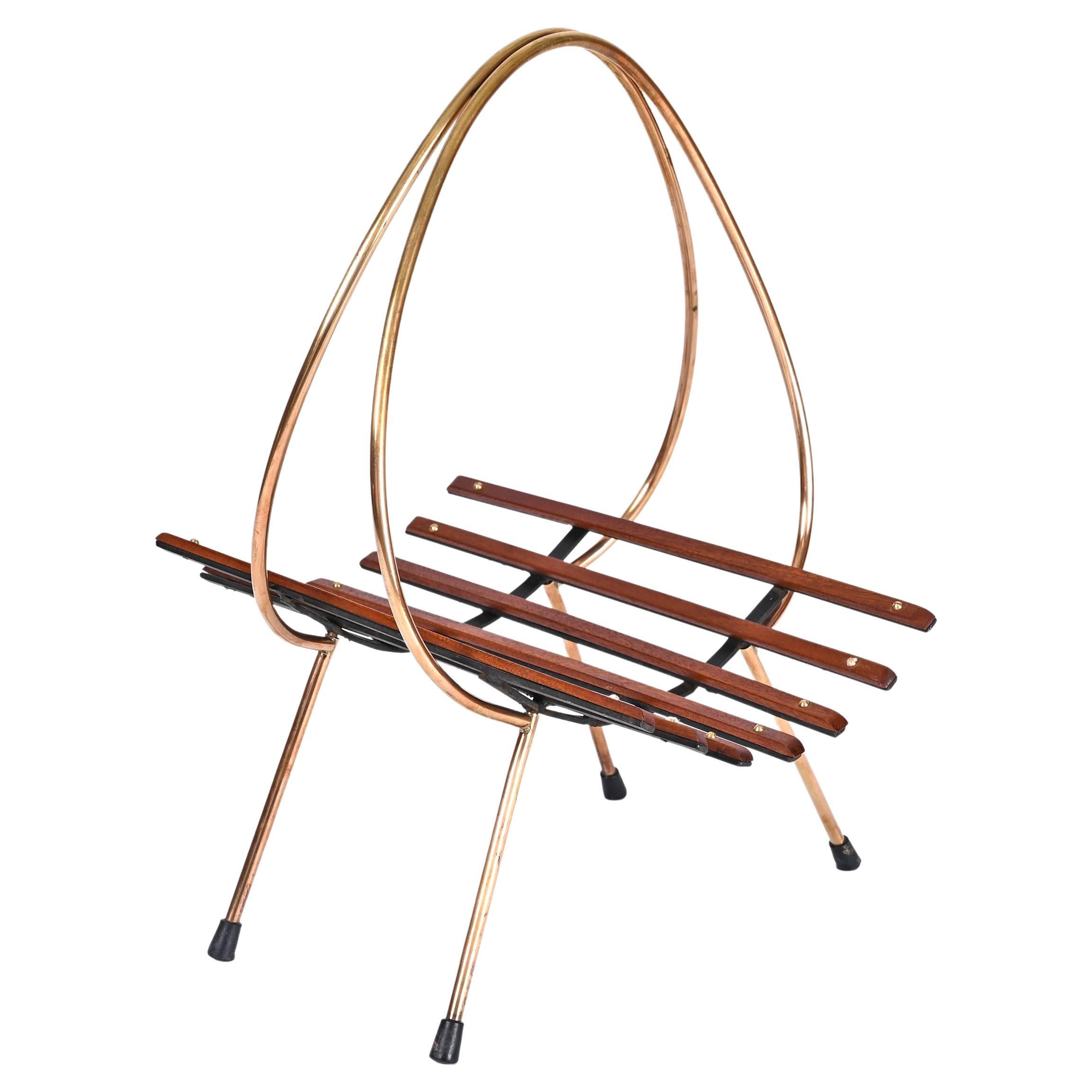 Midcentury Enameled Metal, Teak and Brass Italian Magazine Rack, 1960s For Sale