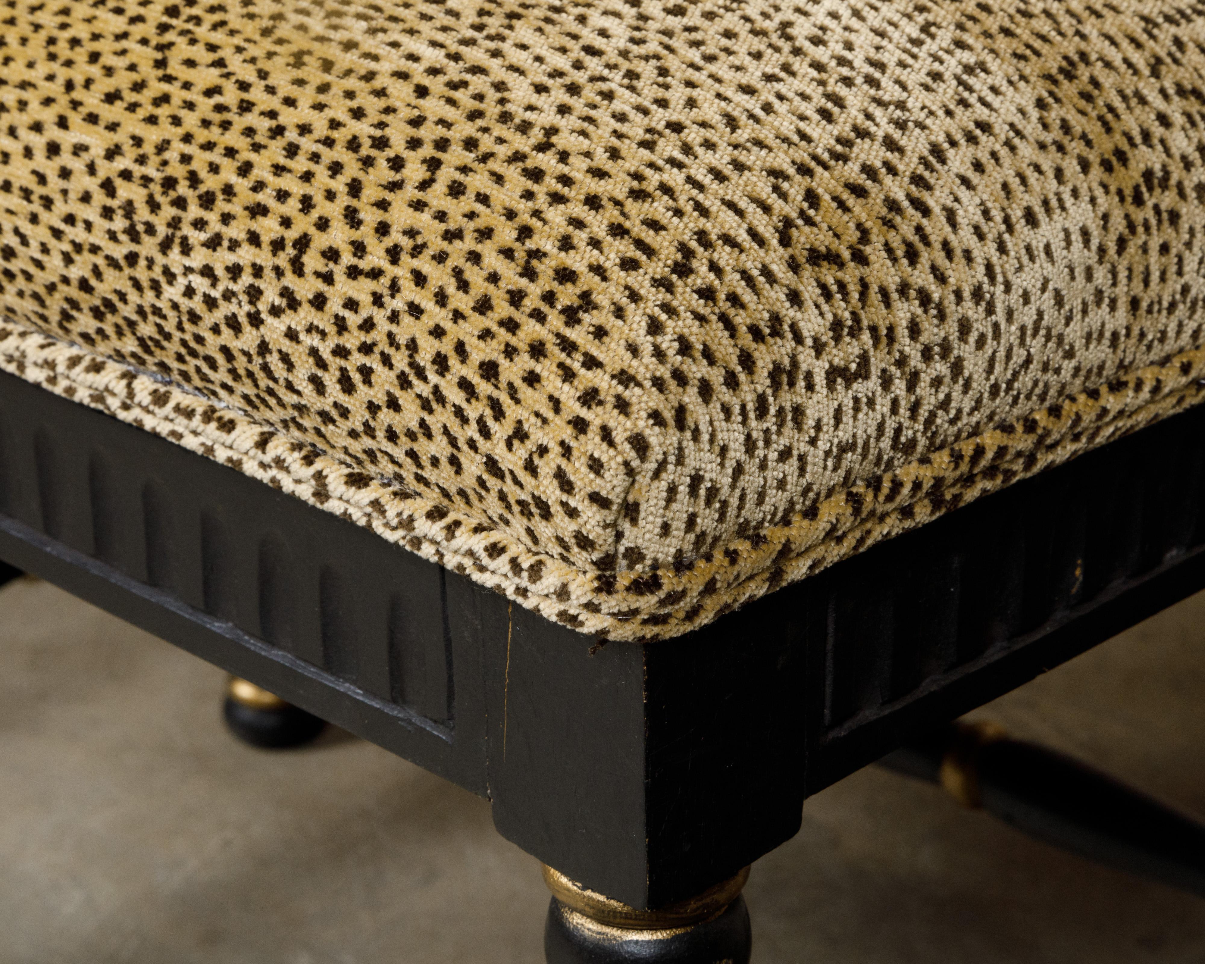 Midcentury English Black and Gold Ebonized Stool with Leopard Upholstery 5
