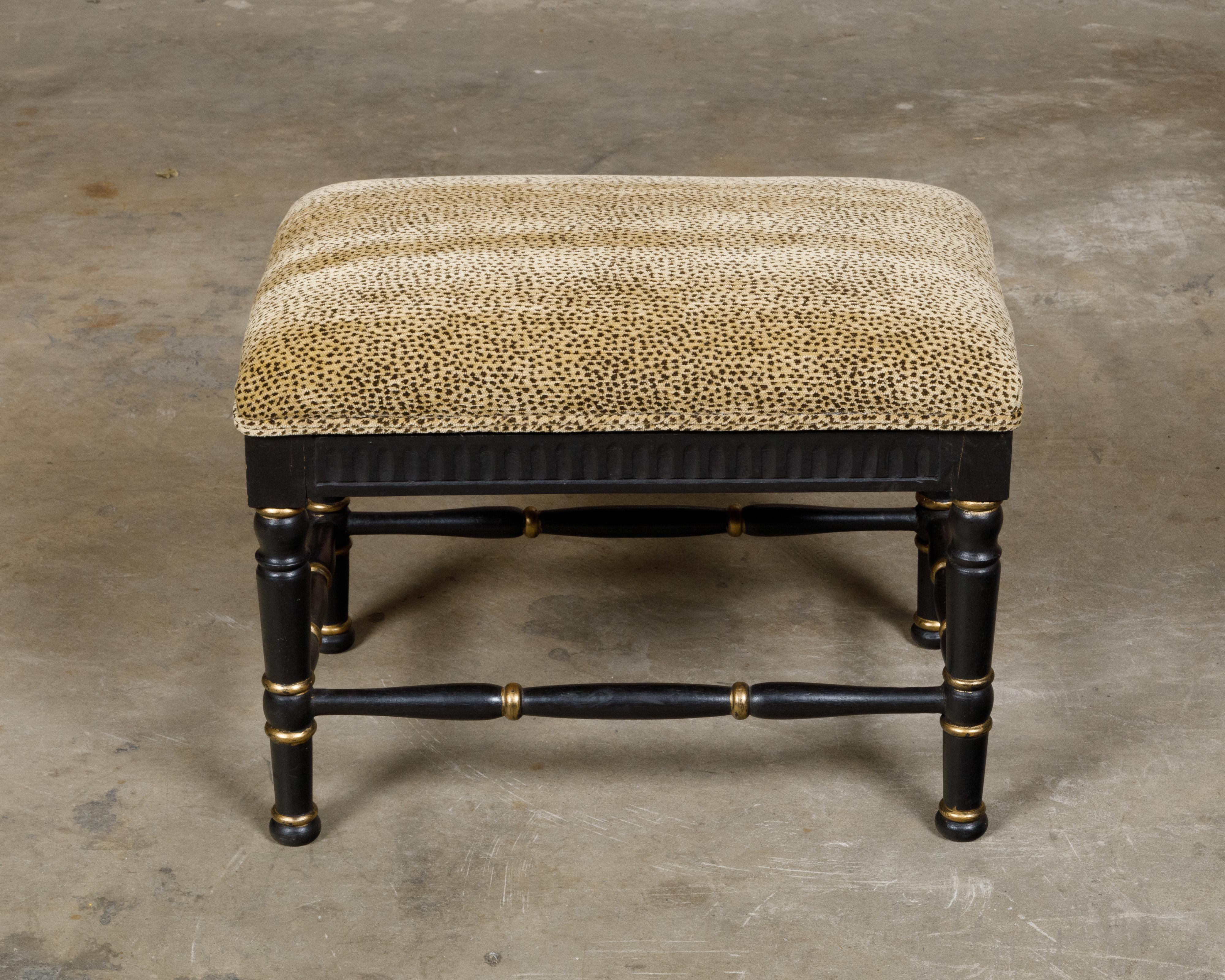 Midcentury English Black and Gold Ebonized Stool with Leopard Upholstery 7