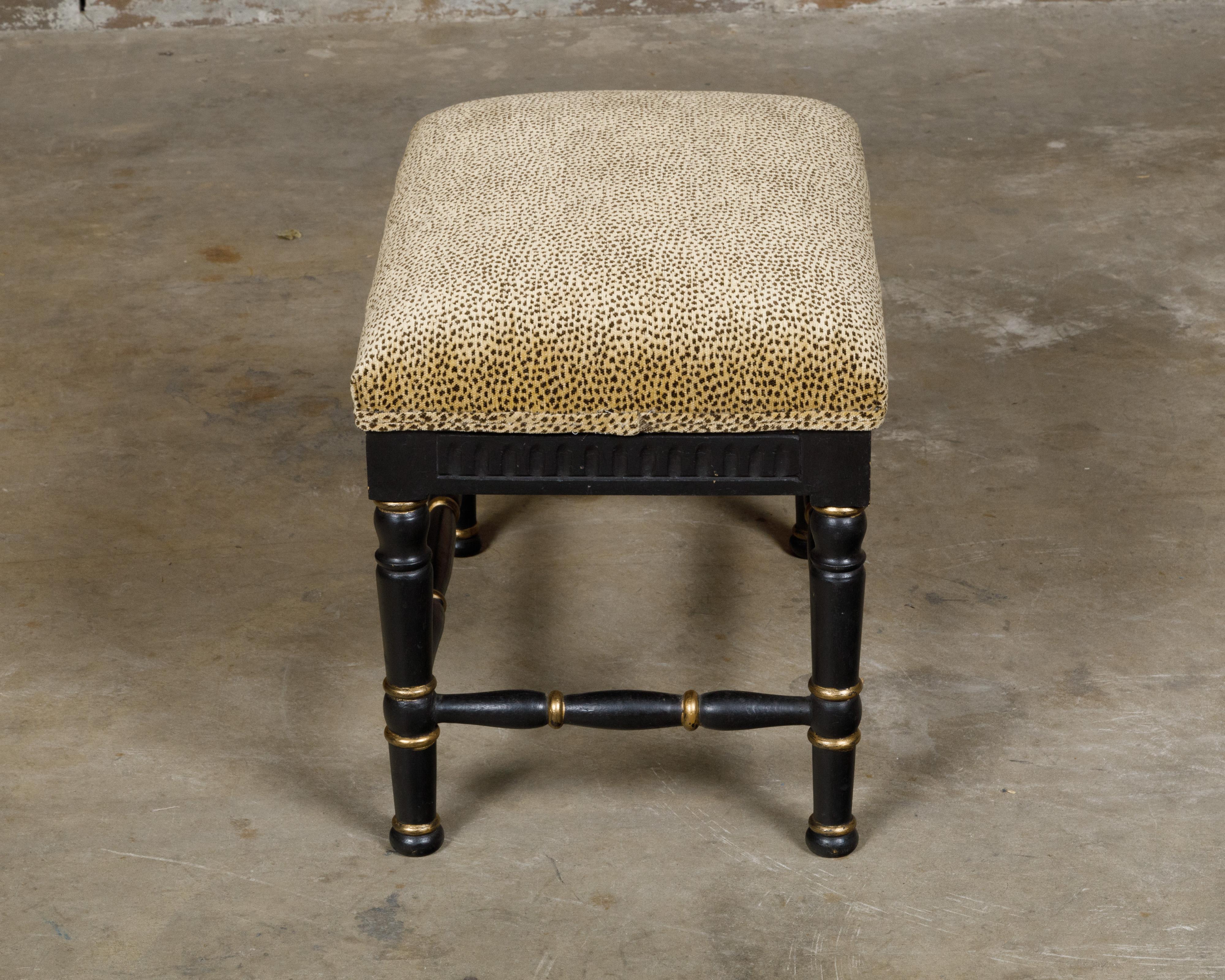 Mid-Century Modern Midcentury English Black and Gold Ebonized Stool with Leopard Upholstery
