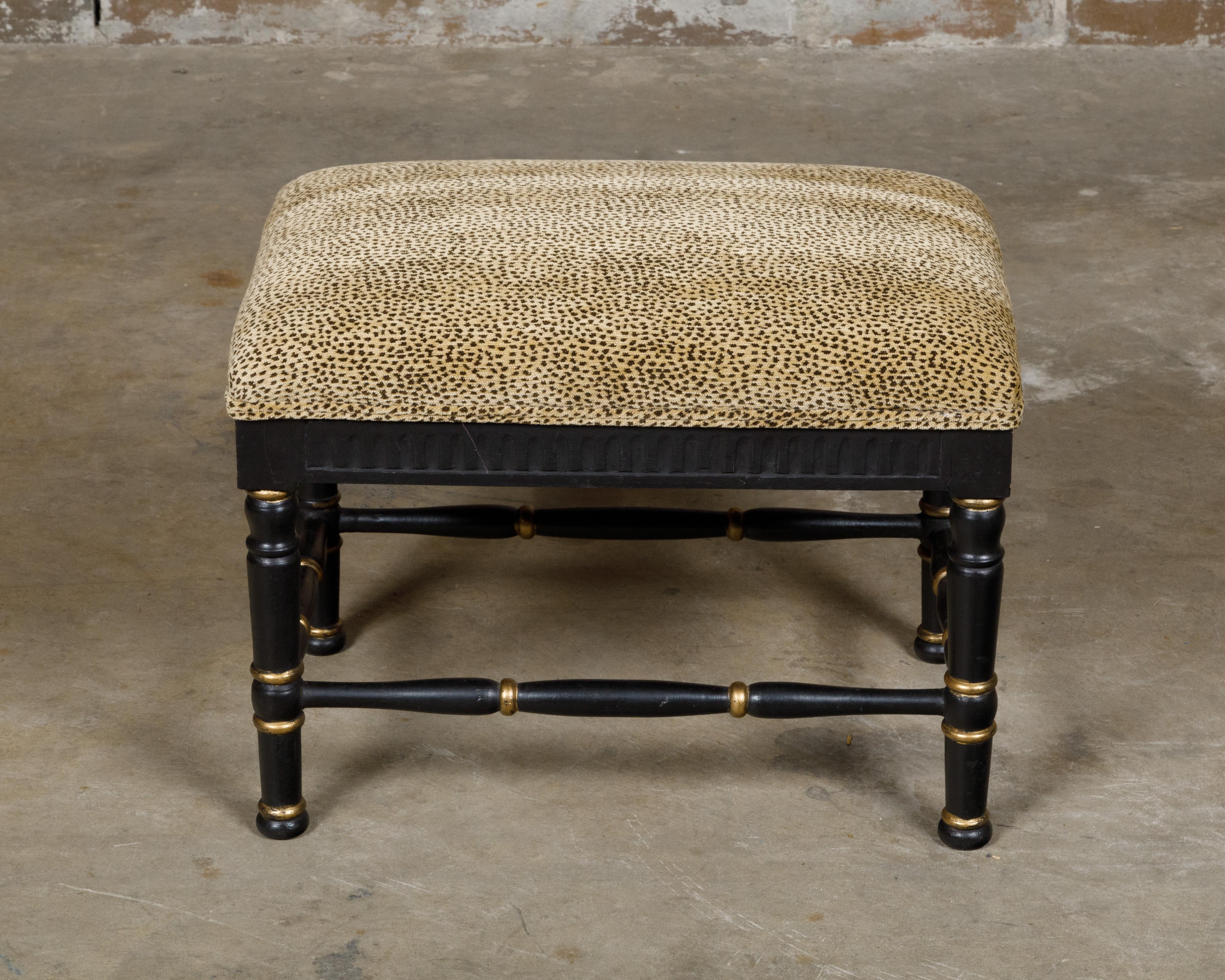 Midcentury English Black and Gold Ebonized Stool with Leopard Upholstery In Good Condition In Atlanta, GA